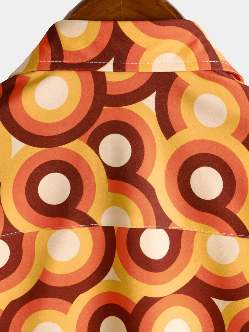 Chemise à manches courtes de plage d'été à cercle géométrique vintage orange des années 70 pour hommes