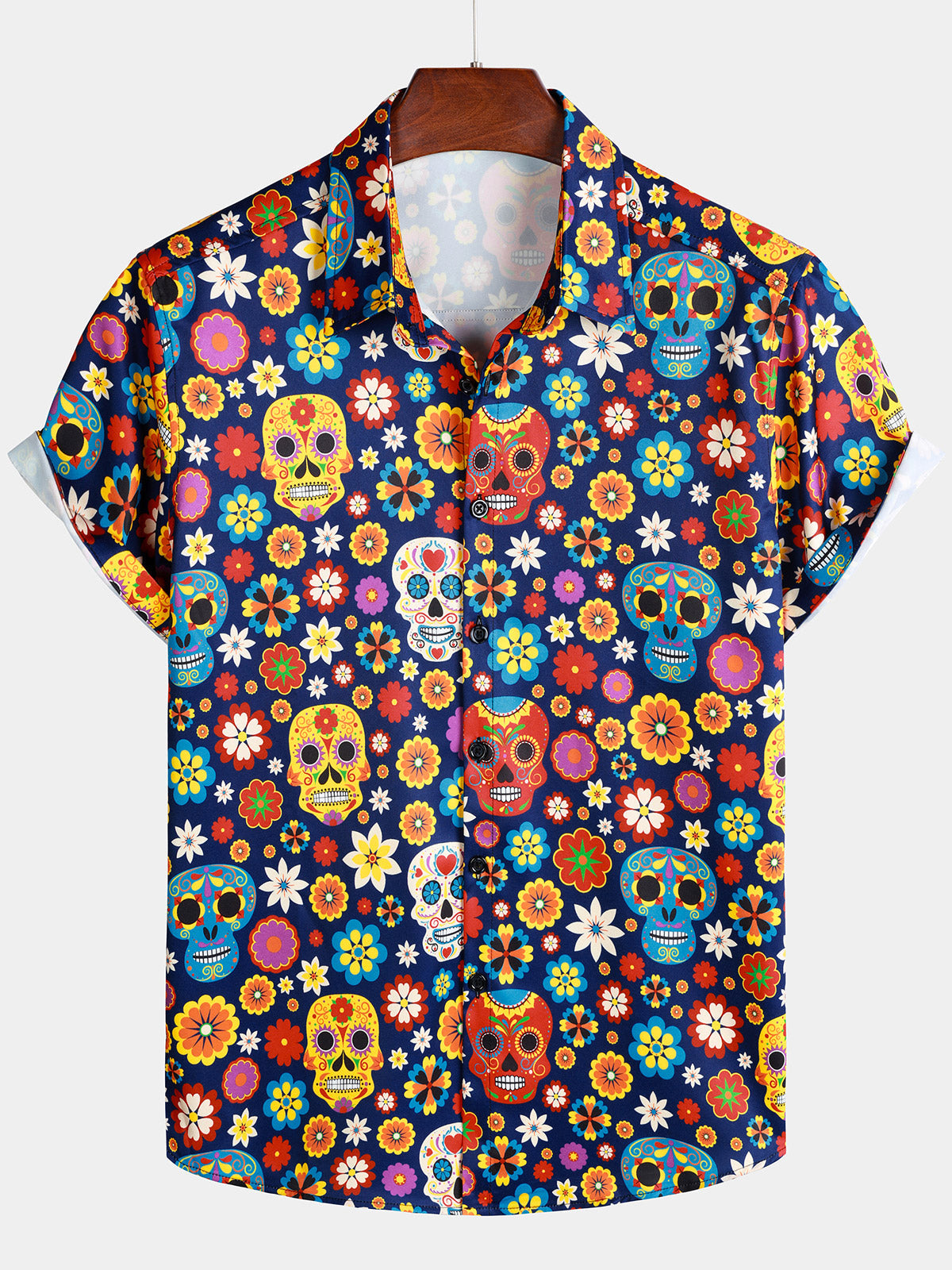 Chemise Homme à Motif Sugar Skull Style Punk Rock Vacances Plage Manches Courtes