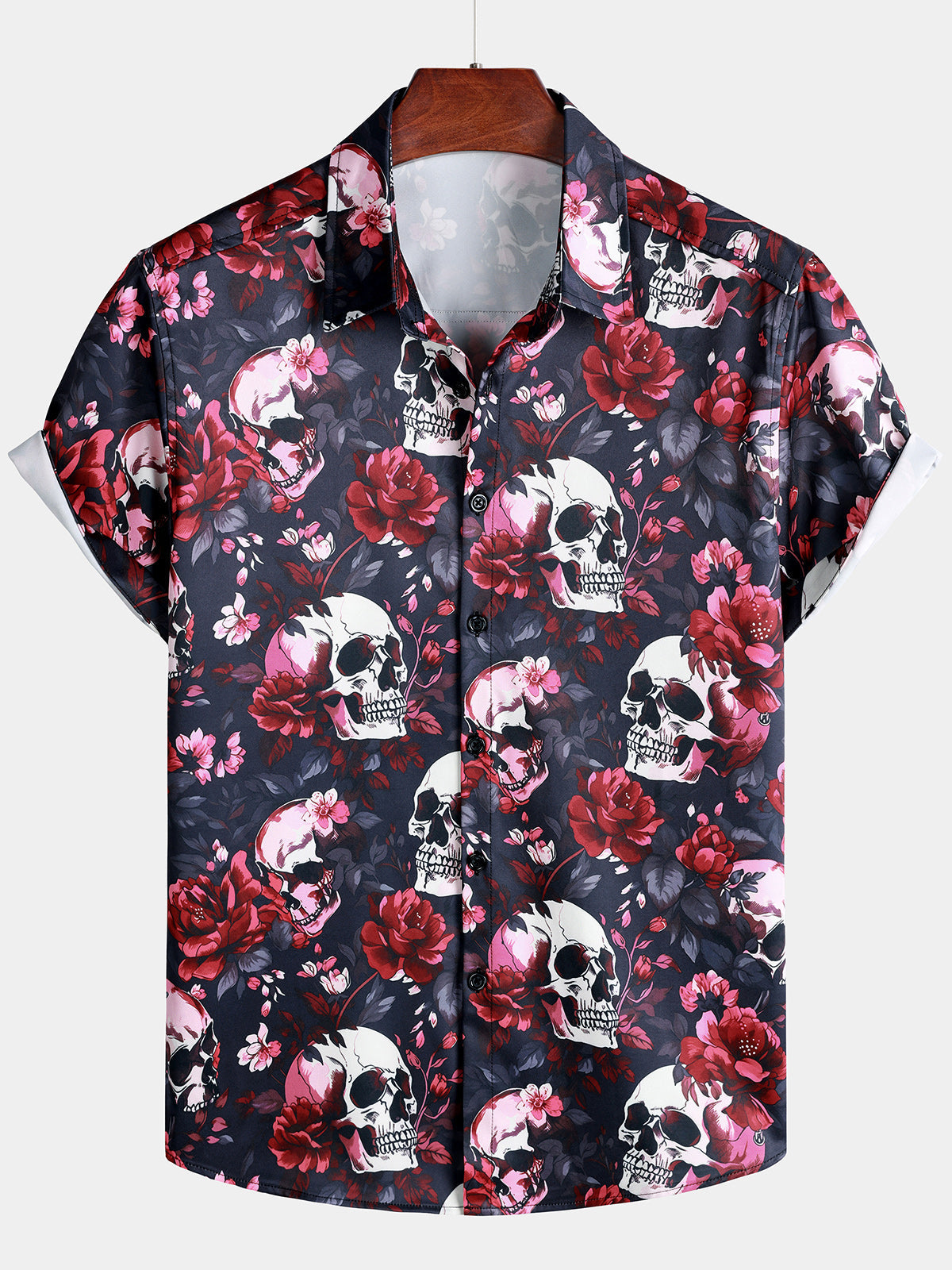 Chemise Homme à Imprimé Floral et Tête de Mort Style Punk Rock Plage Manches Courtes