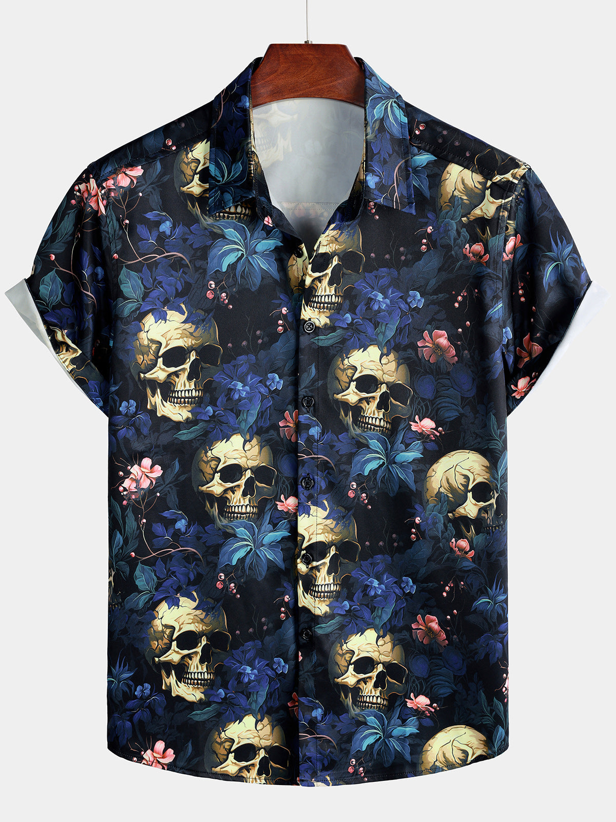 Chemise Homme à Imprimé Tête de Mort Dorée et Floral Style Punk Manches Courtes