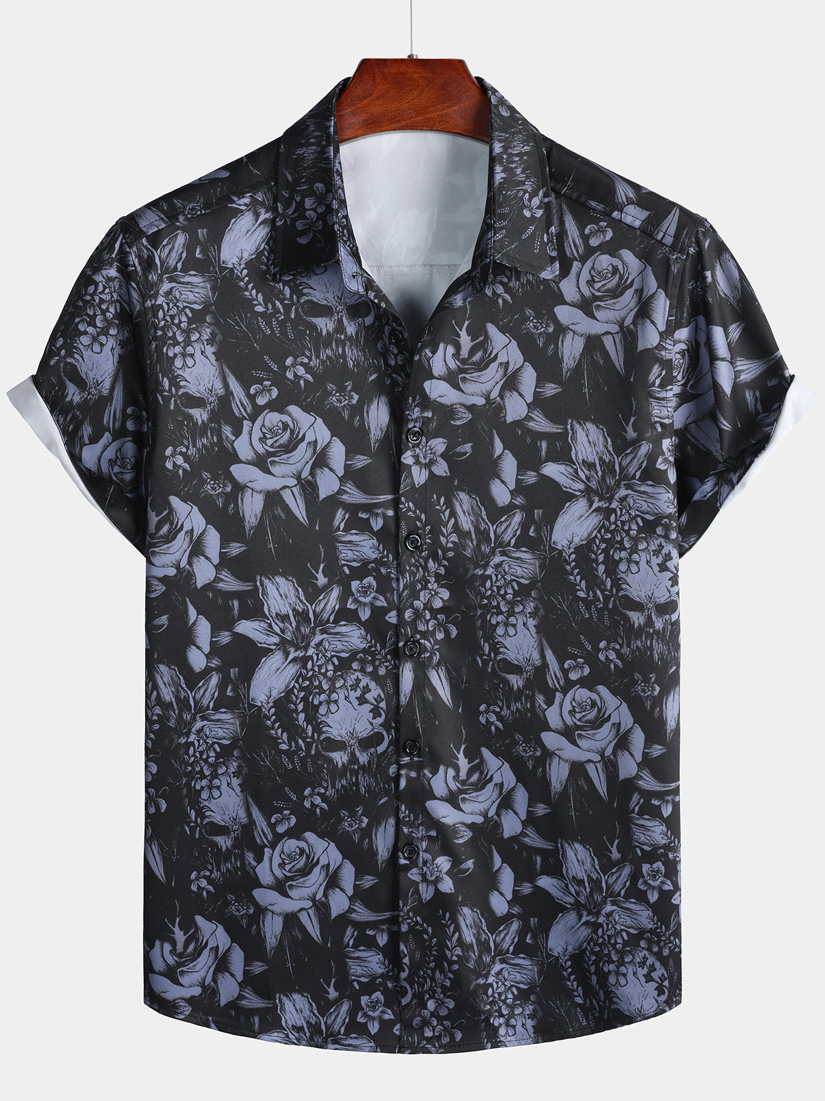 Chemise Homme Noire à Imprimé Tête de Mort et Roses Style Punk Rock Manches Courtes