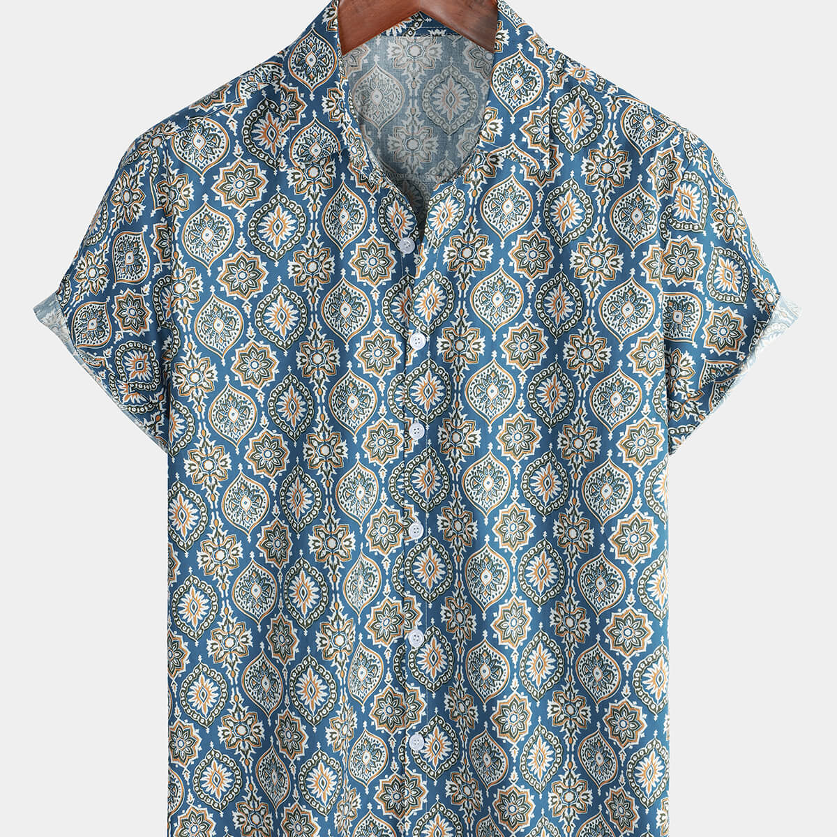 Chemise à manches courtes bleue à boutons floraux d'été en coton de vacances vintage pour hommes