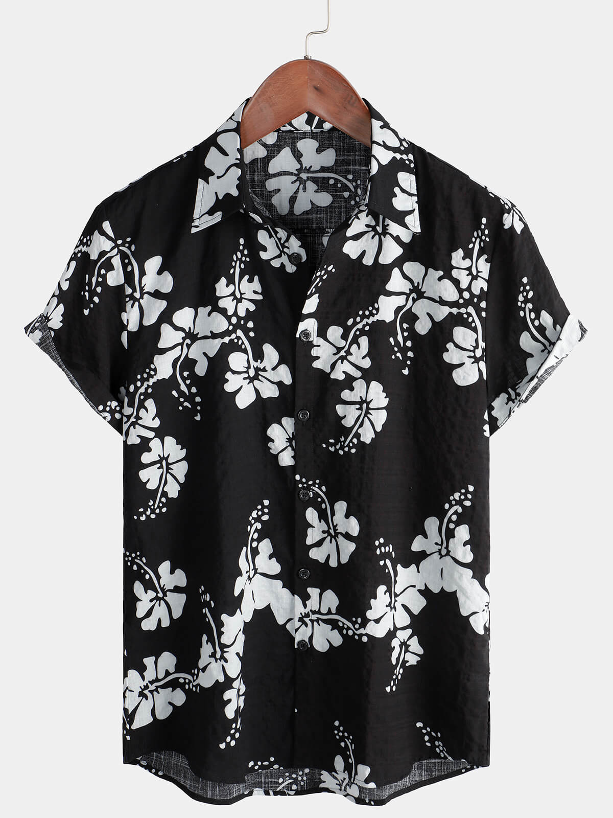 Chemise hawaïenne tropicale noire à manches courtes et boutons pour hommes