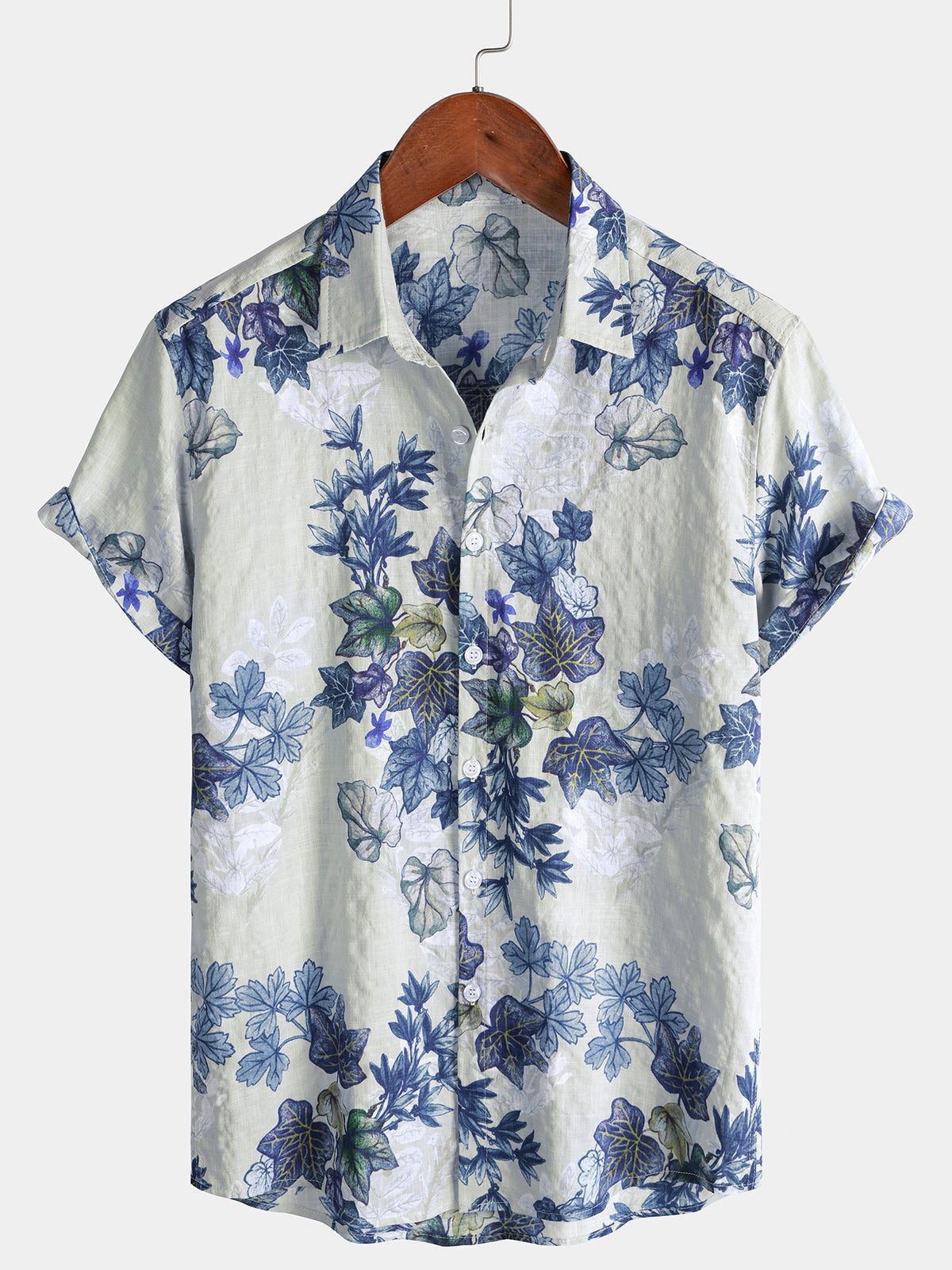 Chemise Homme Blanche et Bleue Botanique Manches Courtes