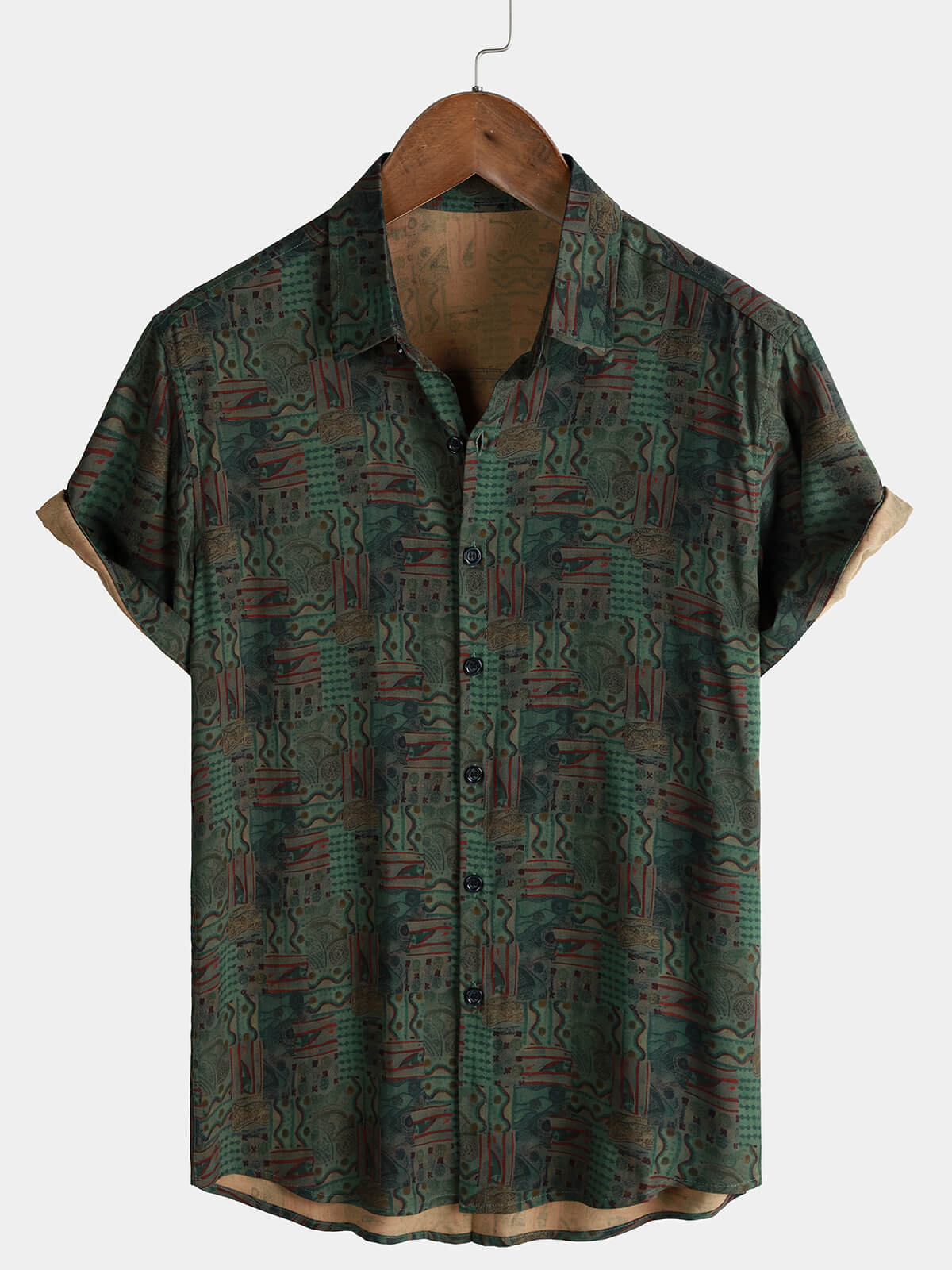 Chemise Homme Verte Géométrique Abstraite Vintage Manches Courtes