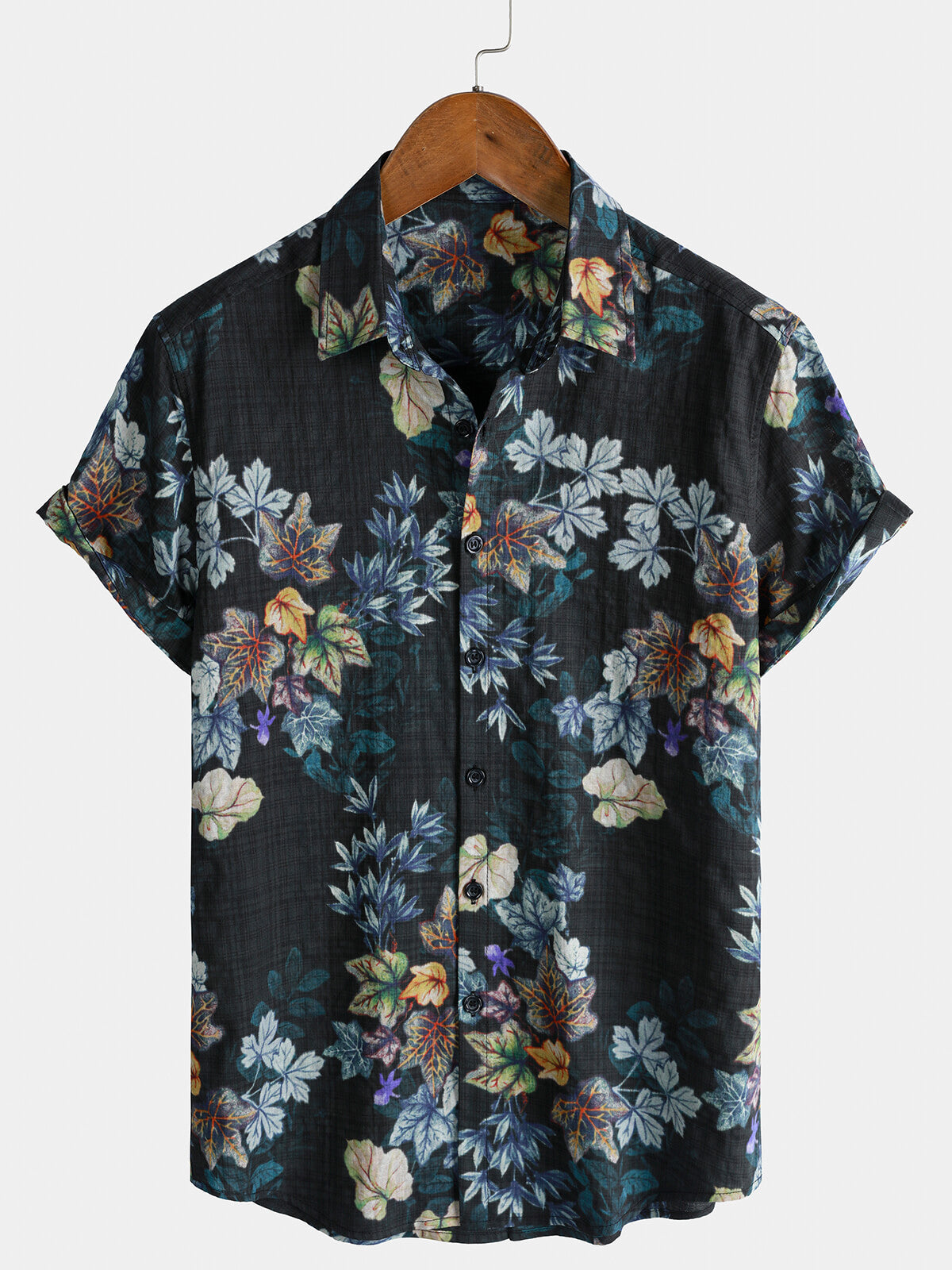 Chemise Homme Noire Feuilles Botaniques Aquarelle Manches Courtes