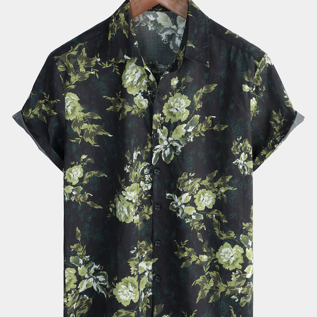 Chemise à manches courtes en coton à boutons floraux hawaïens verts pour hommes