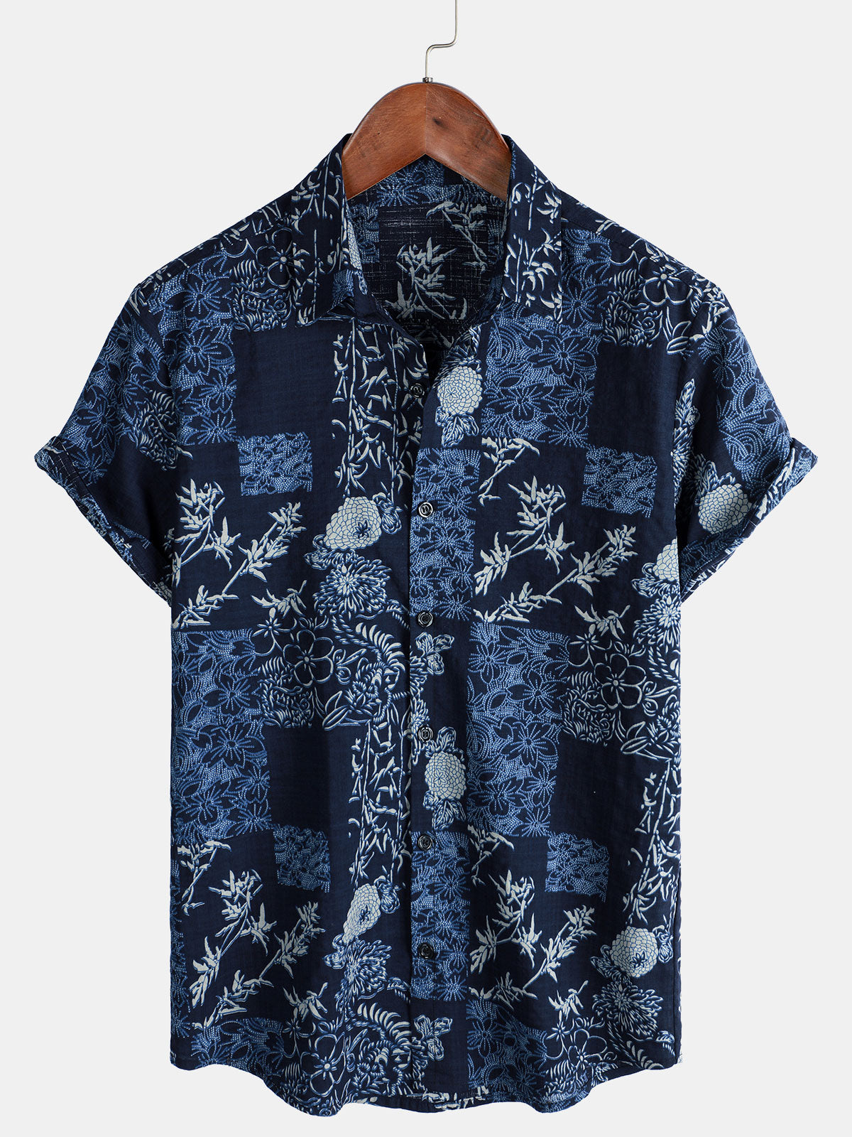 Chemise d'été à manches courtes à imprimé floral bleu marine rétro pour homme