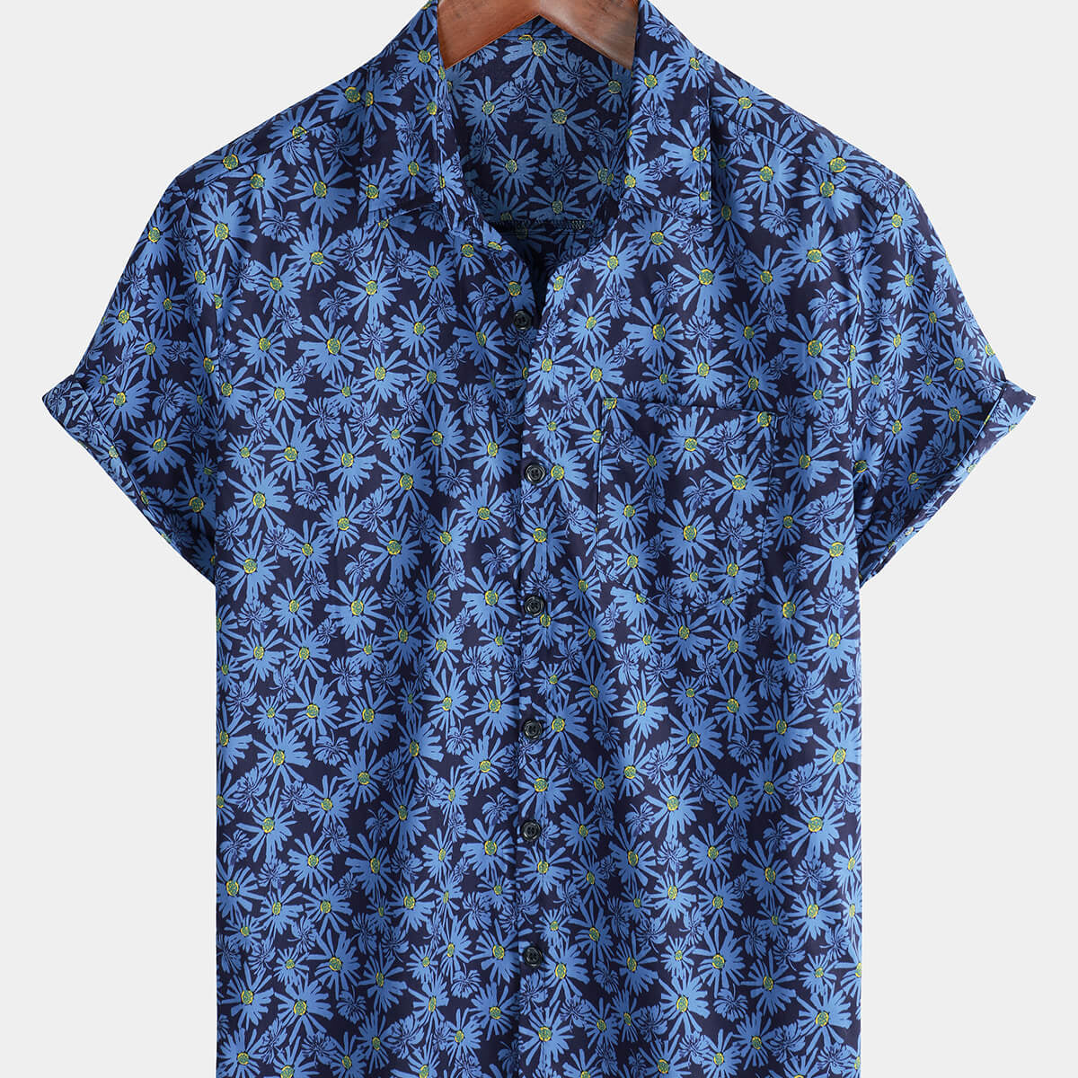 Chemise de plage boutonnée en coton à manches courtes et avec poche en forme de marguerite pour hommes