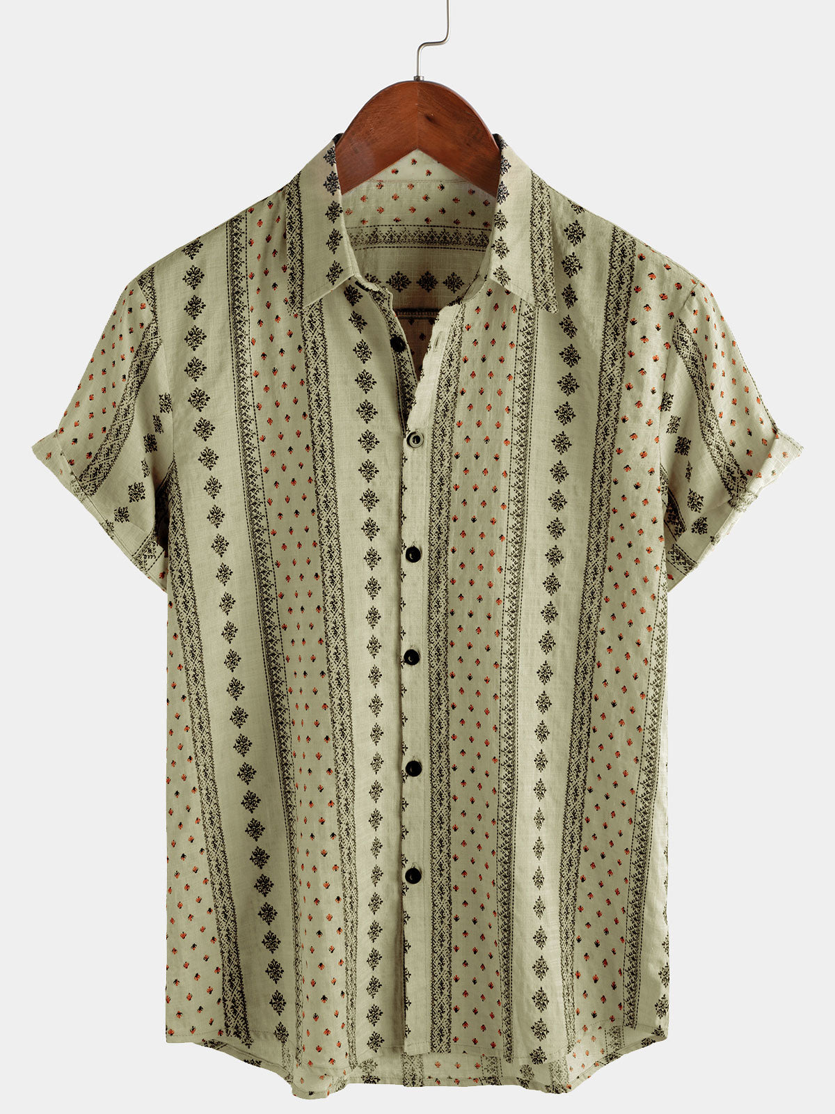 Chemise à manches courtes vintage pour hommes, rétro, kaki, imprimé rayé, boutonnée, années 70