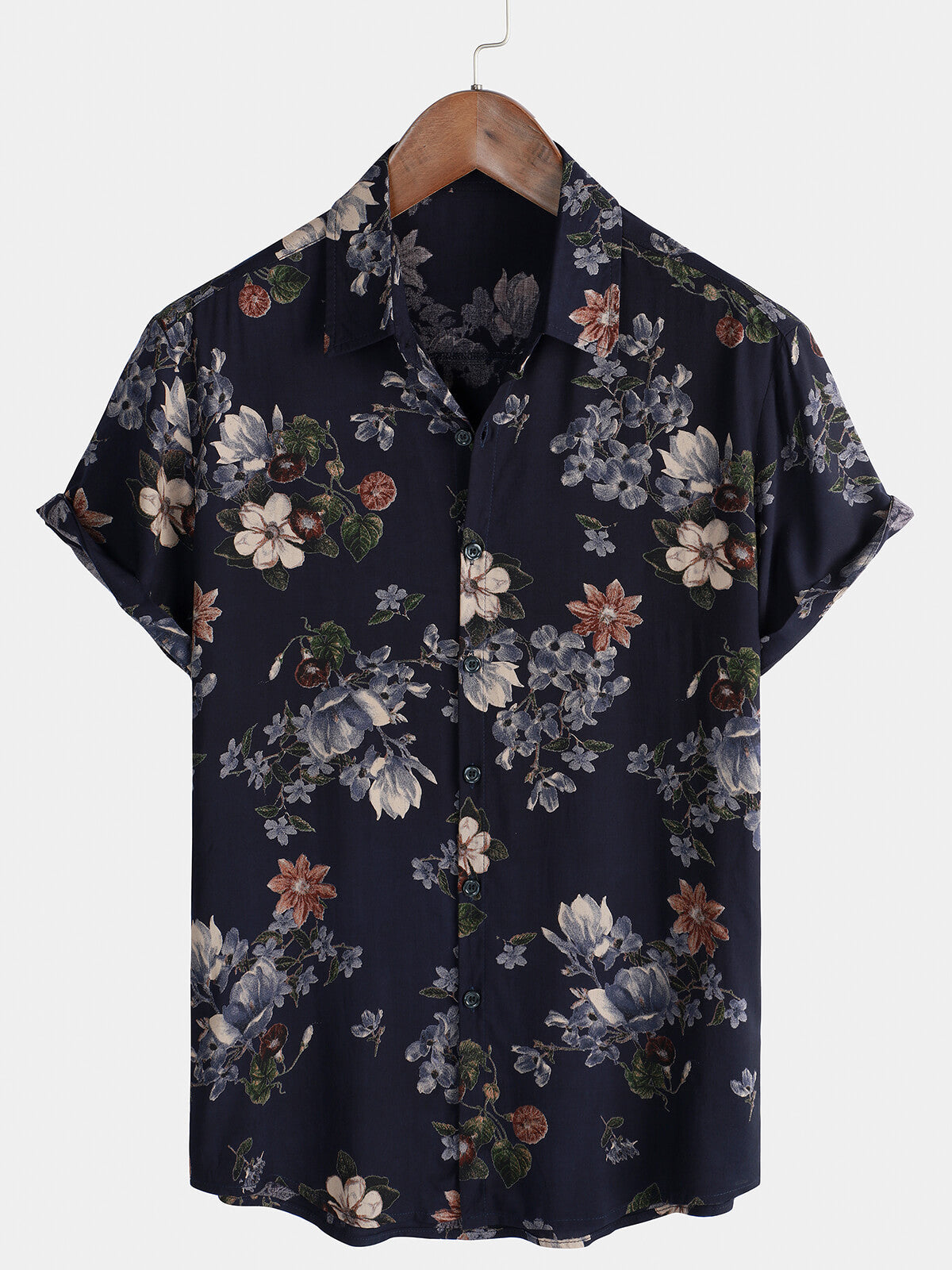 Chemise à manches courtes en rayonne pour hommes, Vintage, bleu marine, vacances, été, plage florale