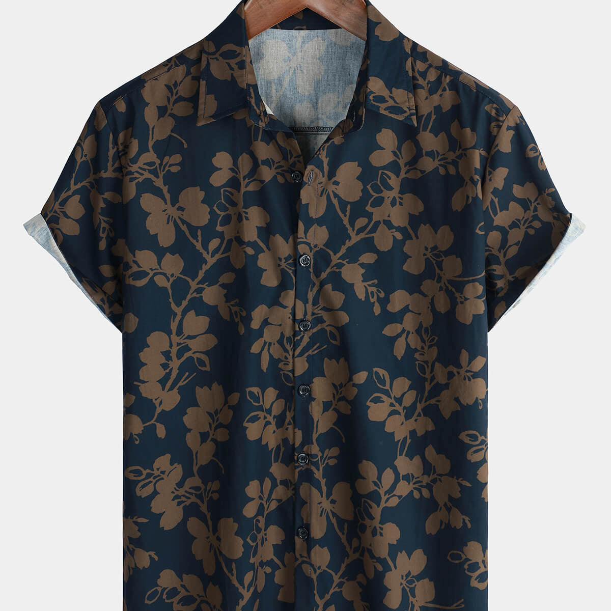 Chemise à manches courtes bleu marine boutonnée à fleurs hawaïennes en coton vintage pour hommes