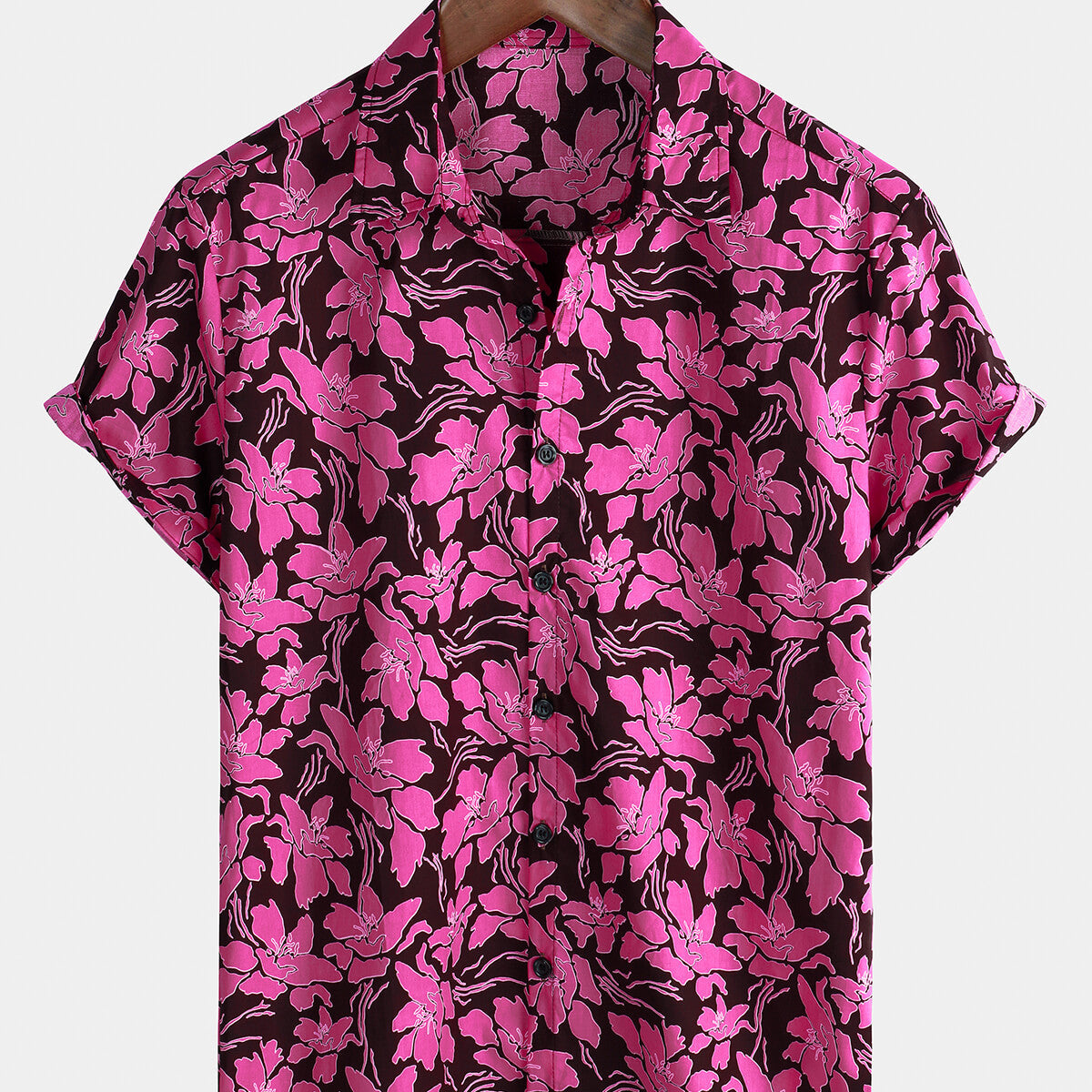 Chemise de plage boutonnée en coton à manches courtes pour hommes, motif floral rose, vacances