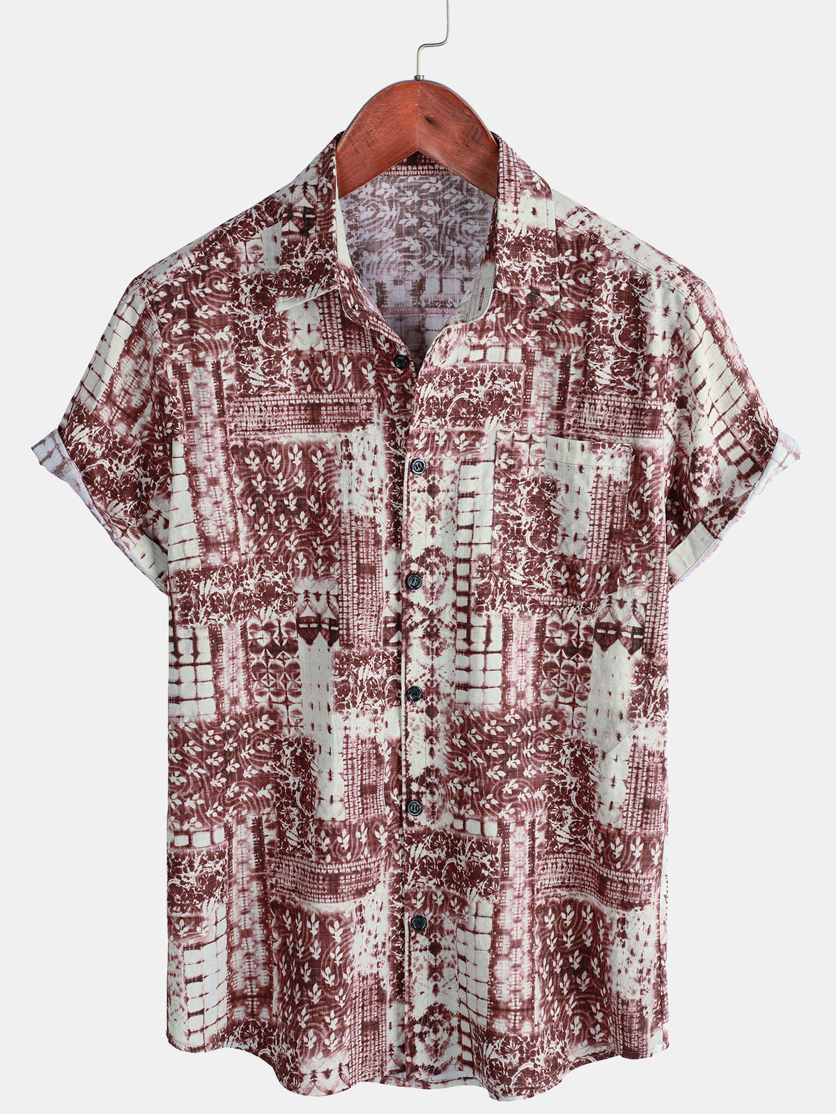 Chemise à manches courtes en coton respirant pour homme, imprimé rétro, avec poche