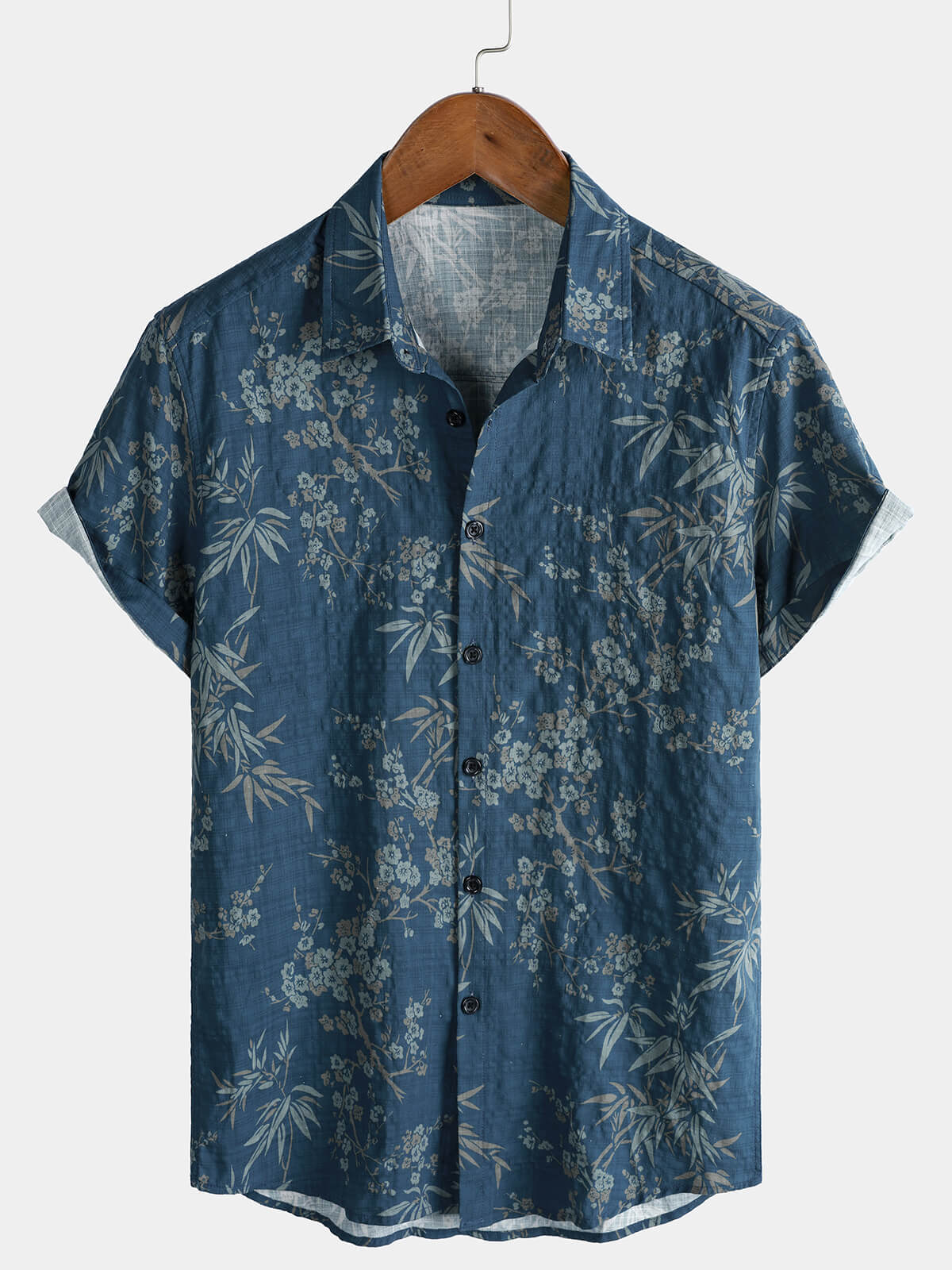 Chemise à manches courtes bleue rétro décontractée et élégante pour homme, imprimé floral