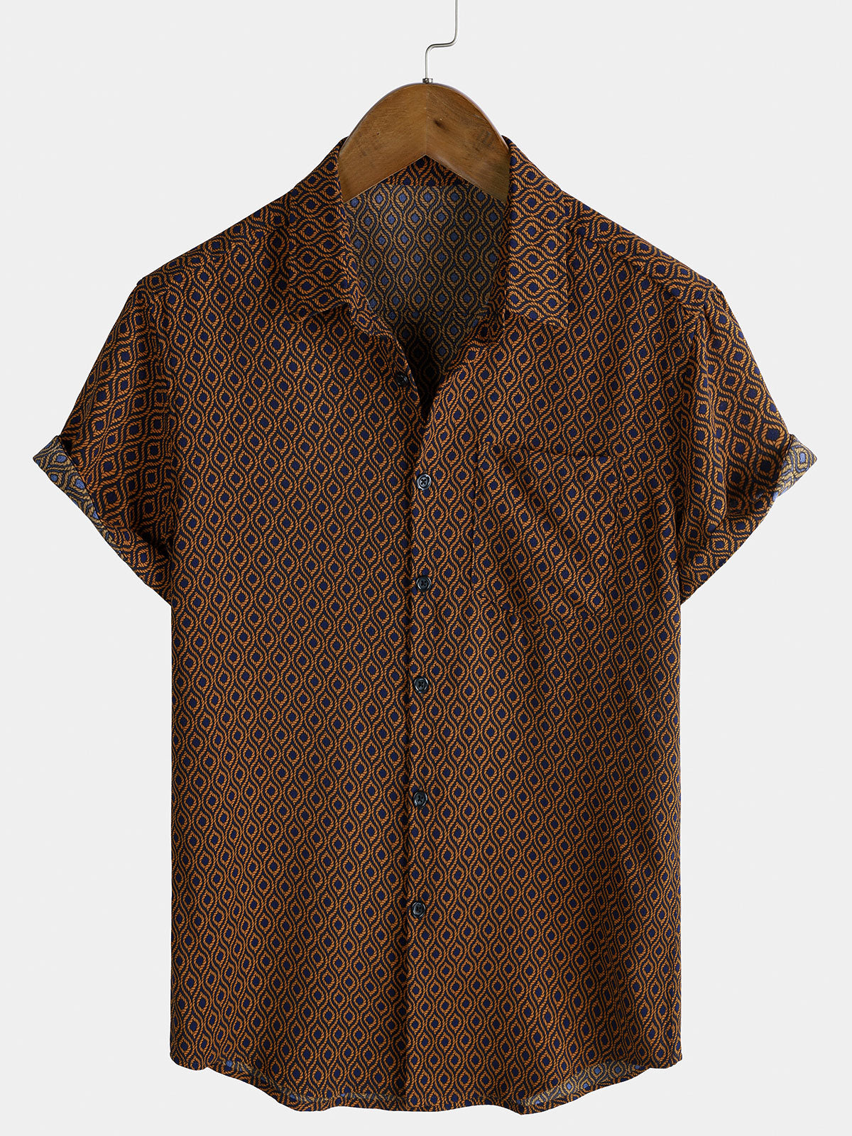 Chemise boutonnée à manches courtes marron décontractée pour homme, style rétro, pour les fêtes