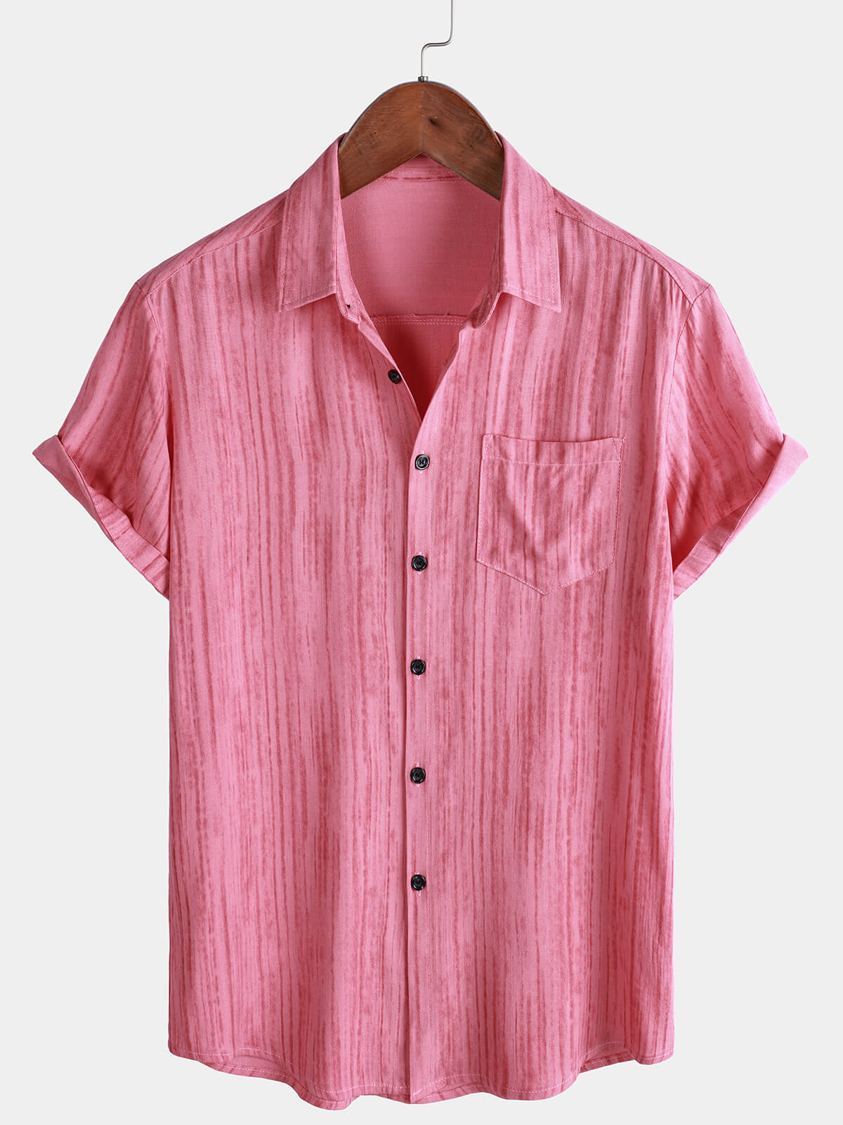 Chemise rayée rose respirante à manches courtes et poches pour homme