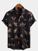 Chemise boutonnée à manches courtes en coton noir pour homme avec poche de vacances et plage