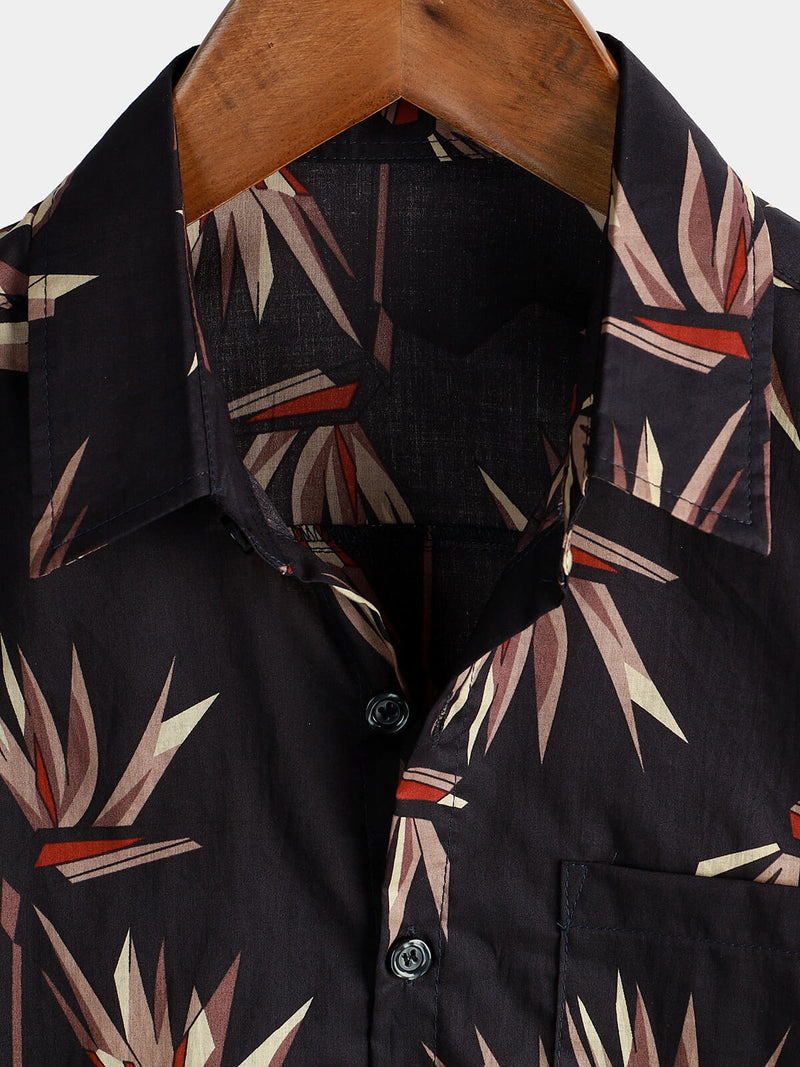Chemise boutonnée à manches courtes en coton noir pour homme avec poche de vacances et plage