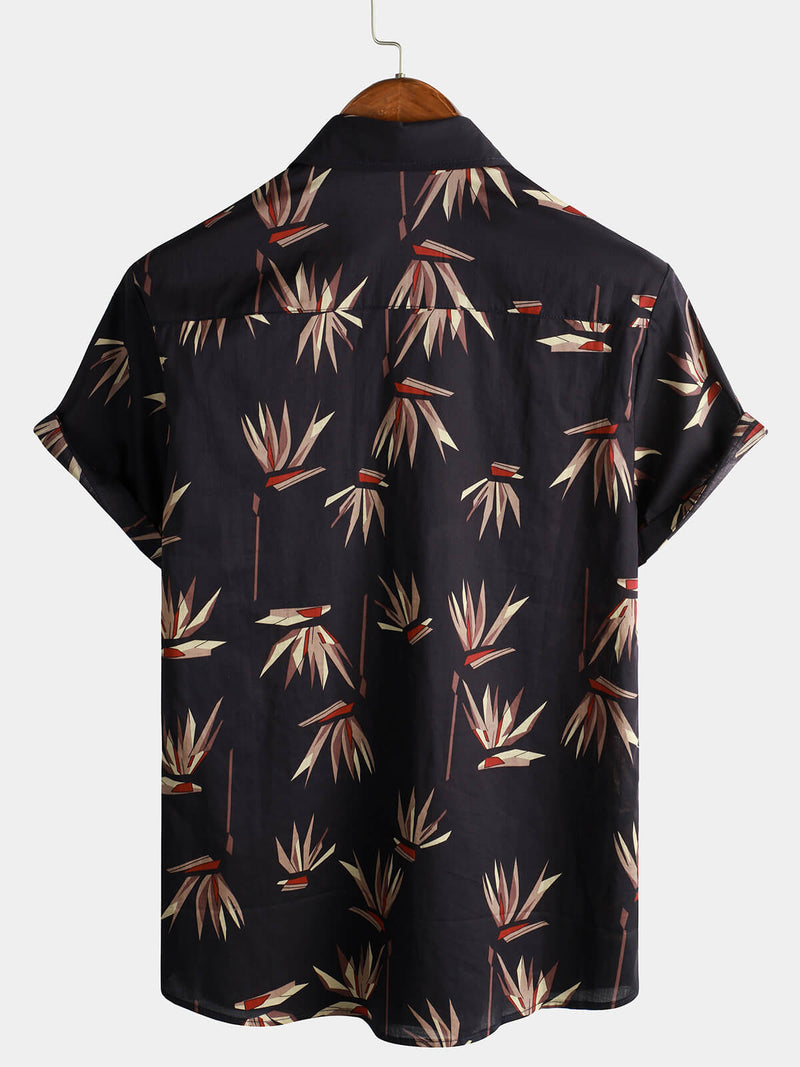 Chemise boutonnée à manches courtes en coton noir pour homme avec poche de vacances et plage