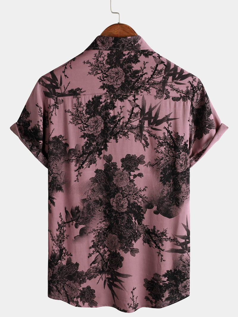 Chemise à manches courtes boutonnée rose en rayonne hawaïenne d'été à fleurs en bambou pour hommes