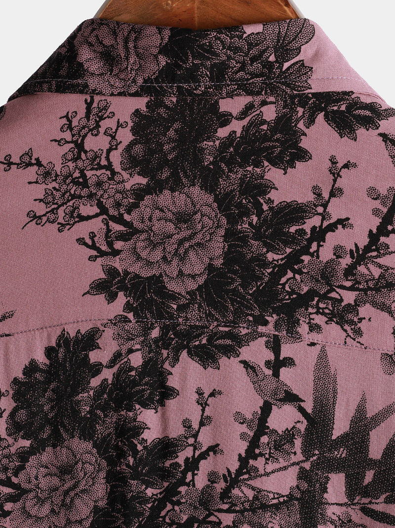 Chemise à manches courtes boutonnée rose en rayonne hawaïenne d'été à fleurs en bambou pour hommes