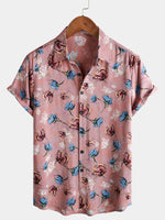 Chemise boutonnée à manches courtes en rayonne de plage d'été à fleurs roses pour hommes