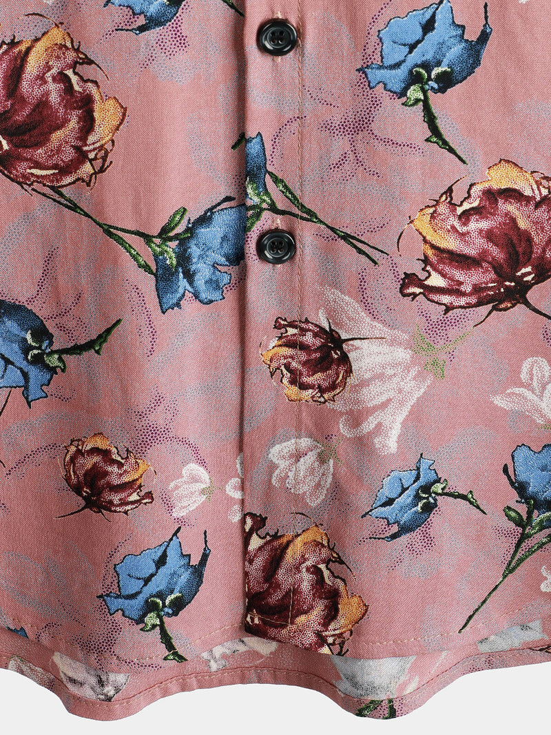 Chemise boutonnée à manches courtes en rayonne de plage d'été à fleurs roses pour hommes