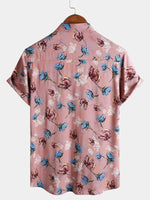 Chemise boutonnée à manches courtes en rayonne de plage d'été à fleurs roses pour hommes