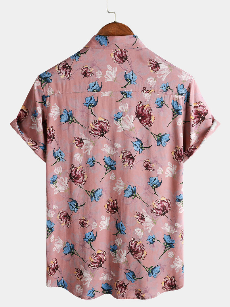 Chemise boutonnée à manches courtes en rayonne de plage d'été à fleurs roses pour hommes
