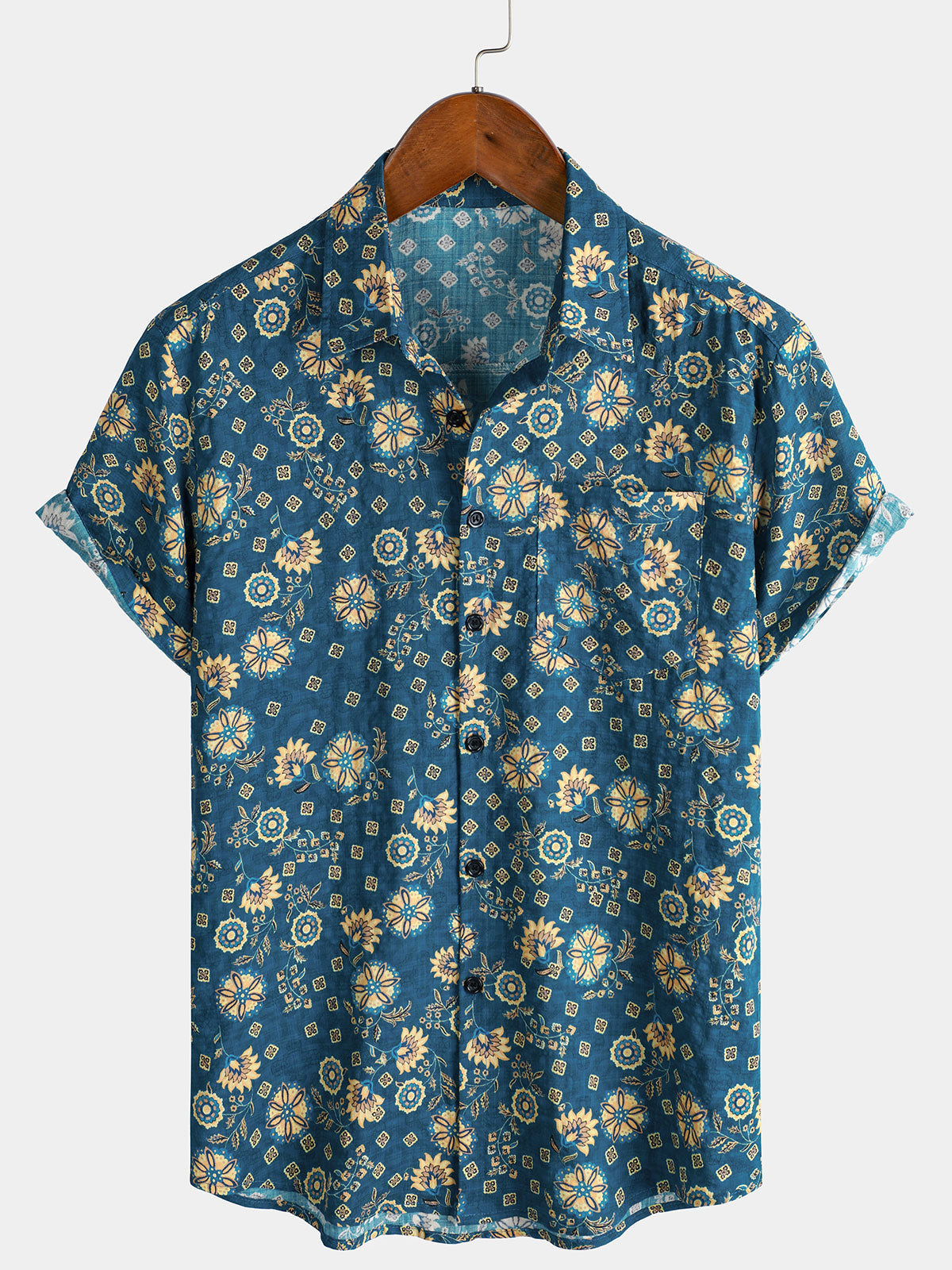 Chemise de plage à manches courtes et poche à imprimé rétro pour homme