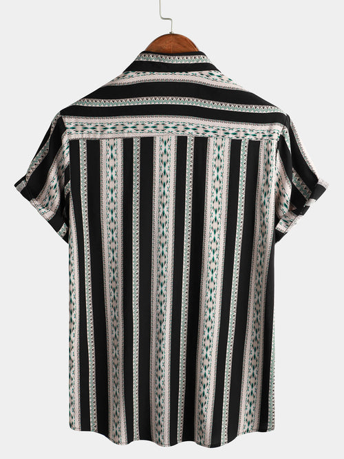Chemise boutonnée western à imprimé aztèque des années 70 à rayures noires vintage pour hommes