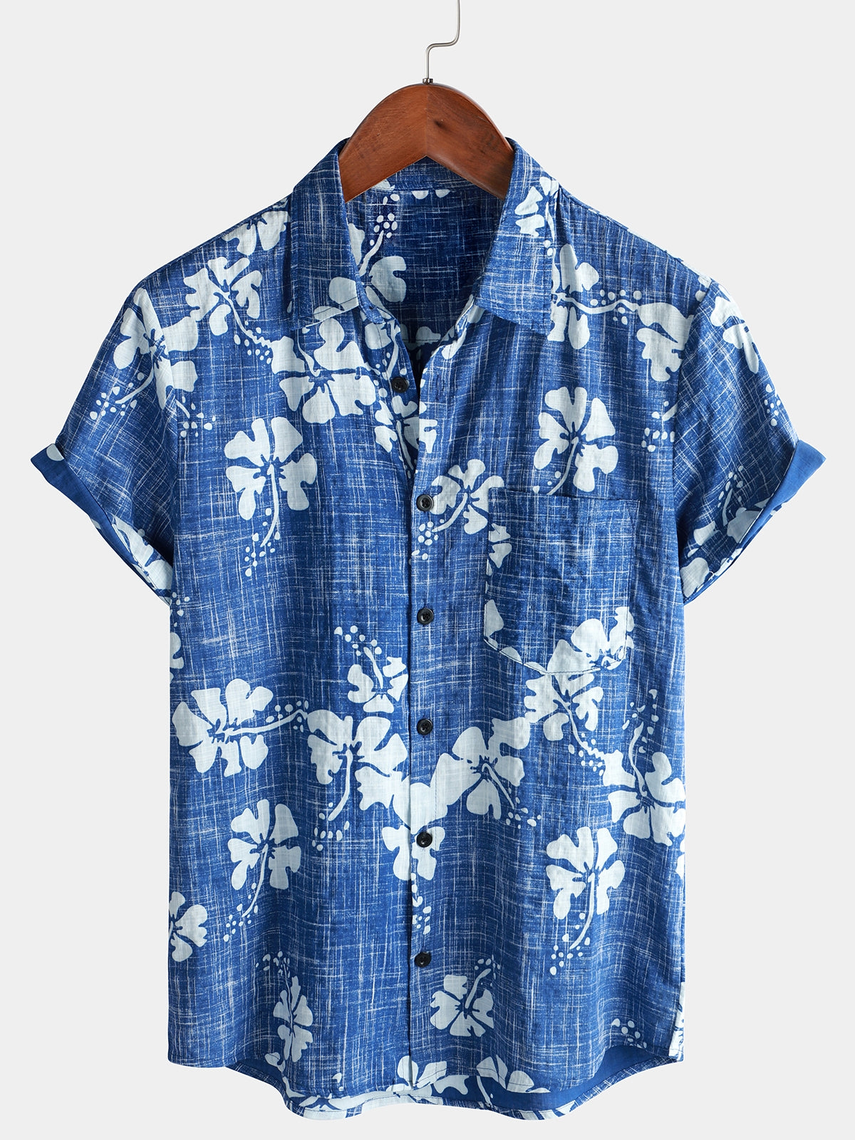 Chemise hawaïenne tropicale bleue à manches courtes et boutonnée pour hommes