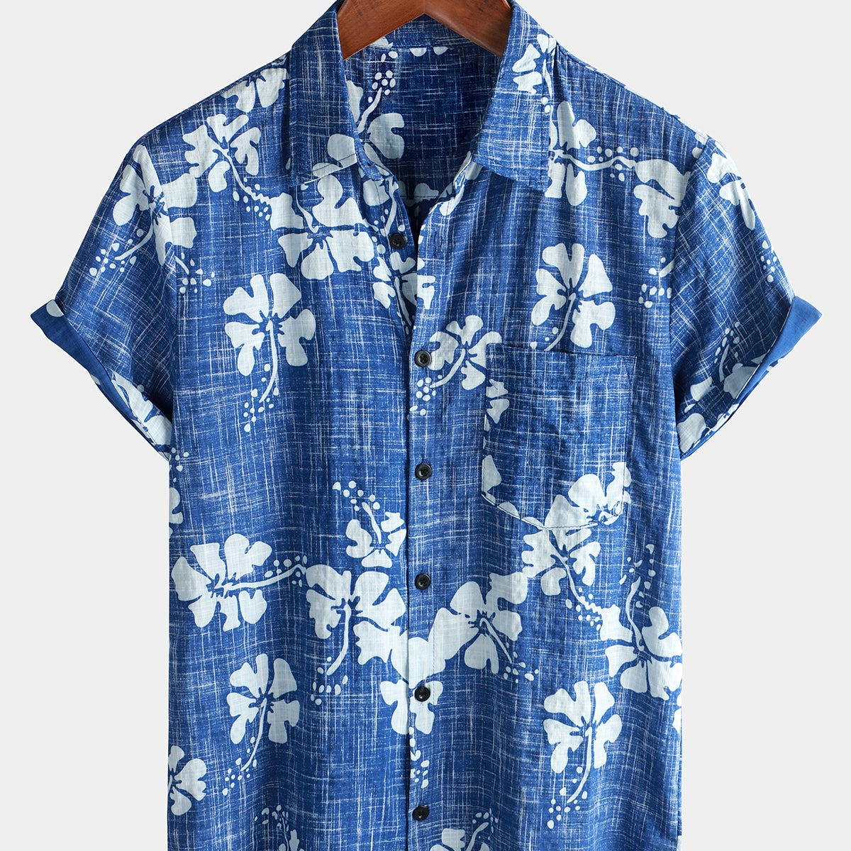 Chemise hawaïenne tropicale bleue à manches courtes et boutonnée pour hommes