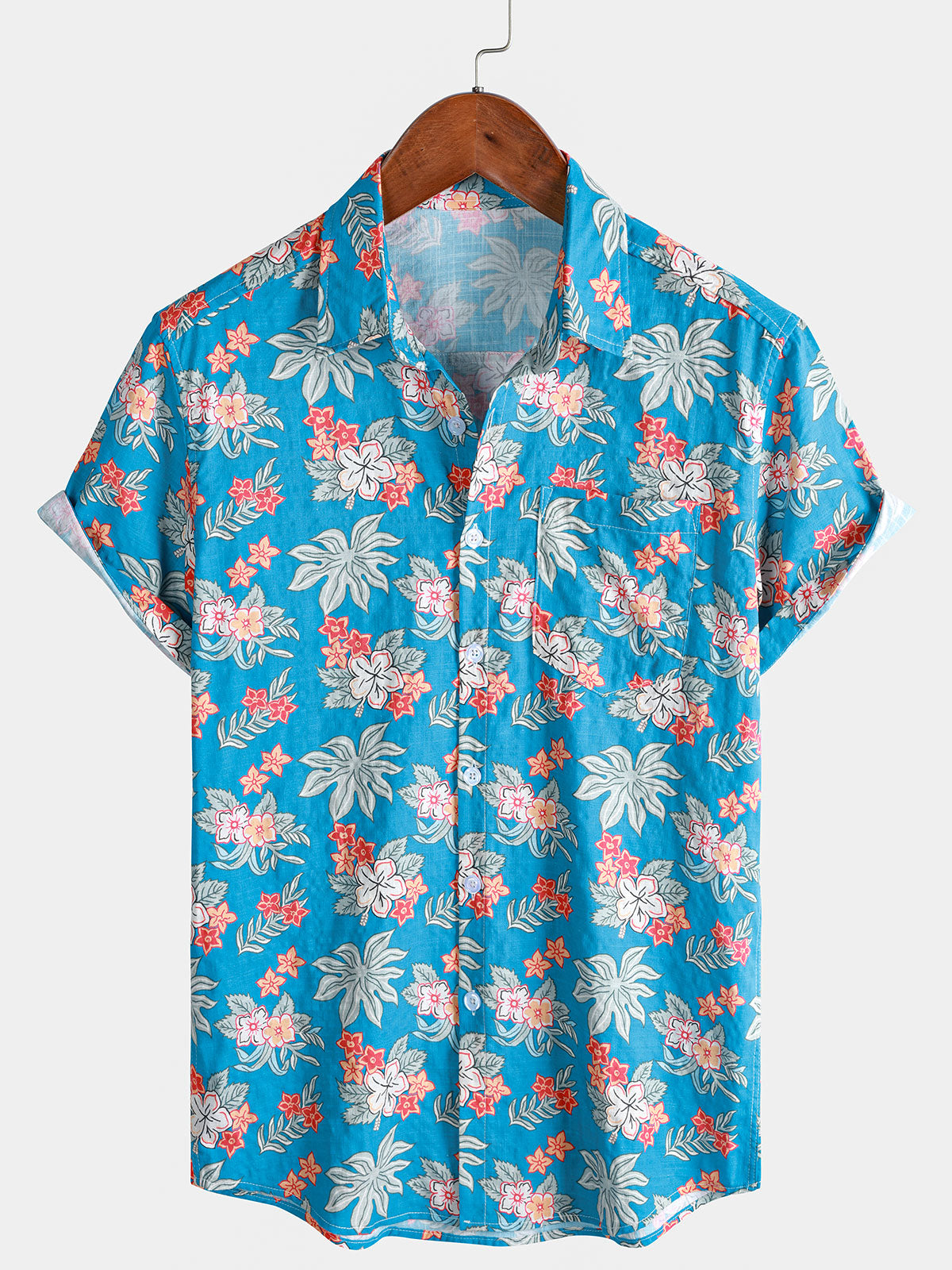 Chemise homme manches courtes imprimé floral tropical bleu plage