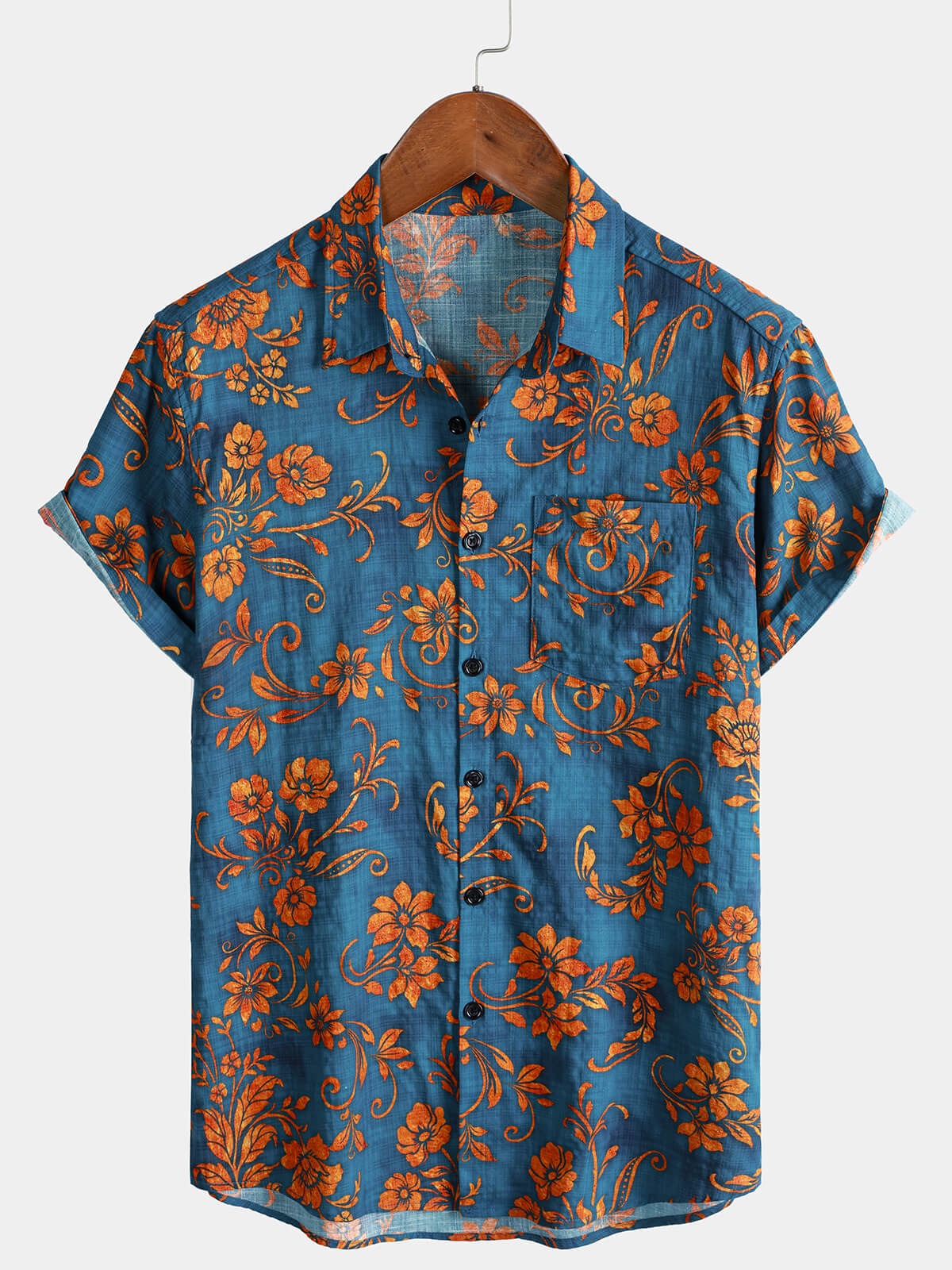 Chemise Homme Bohème à Manches Courtes Imprimé Floral Bleu