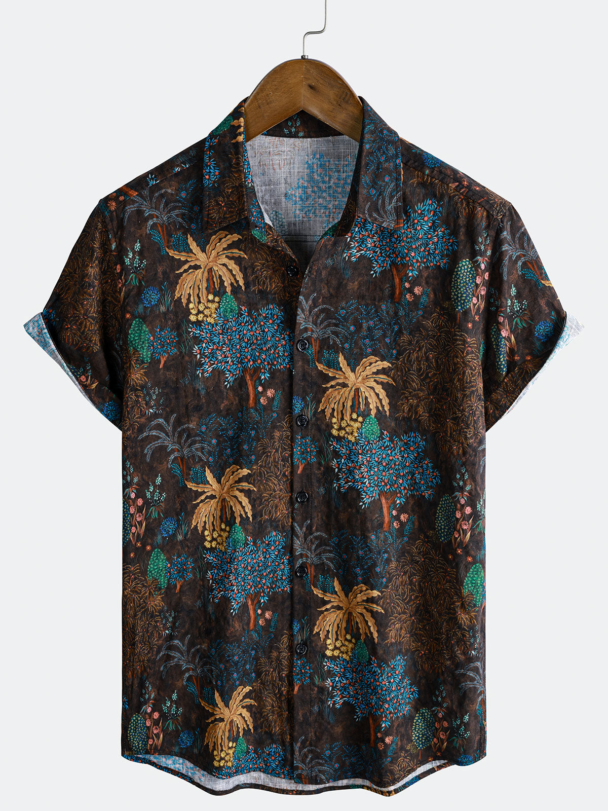 Chemise Homme Bohème Style Resort Imprimé Arbre Tropical Marron à Manches Courtes