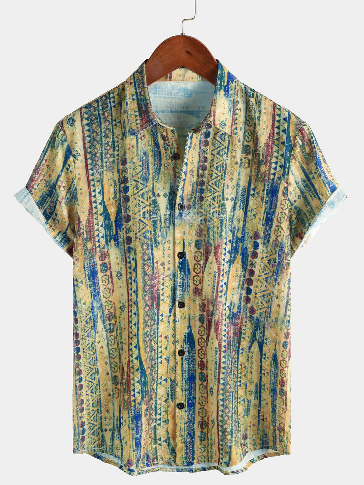 Chemise boutonnée à manches courtes et rayures rétro jaunes pour hommes