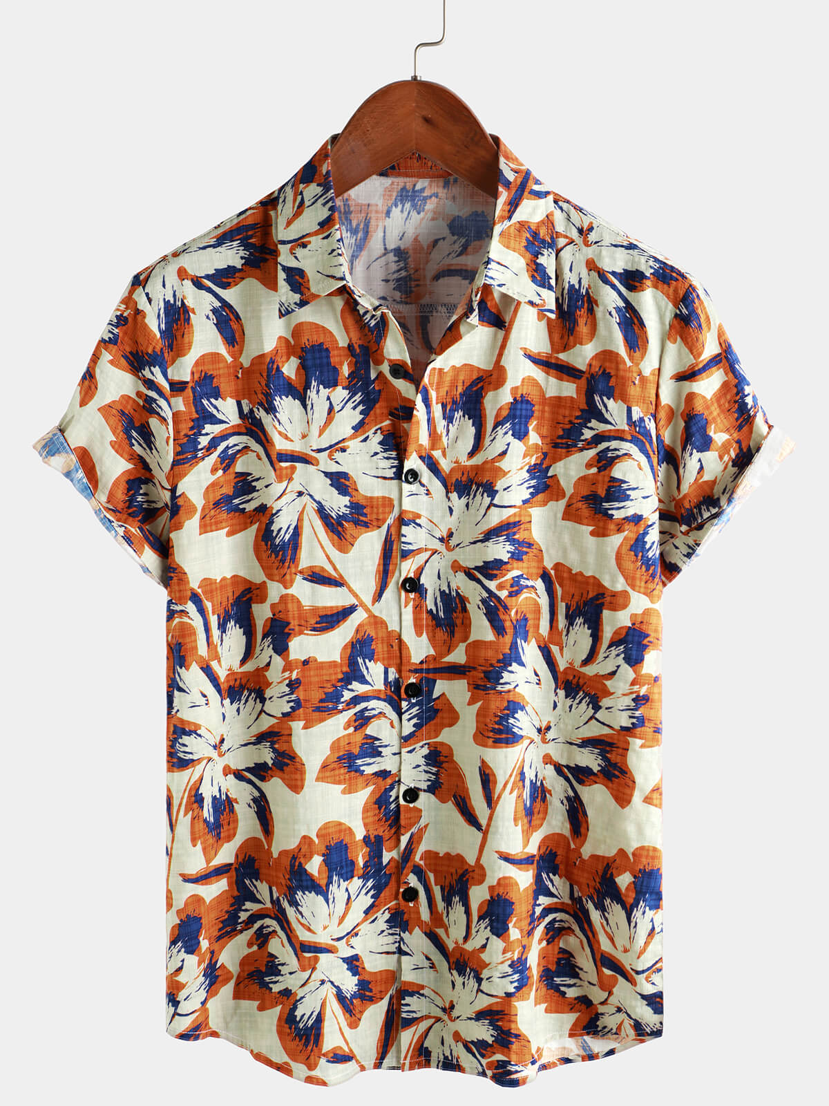 Chemise boutonnée à manches courtes pour homme à imprimé floral rétro orange