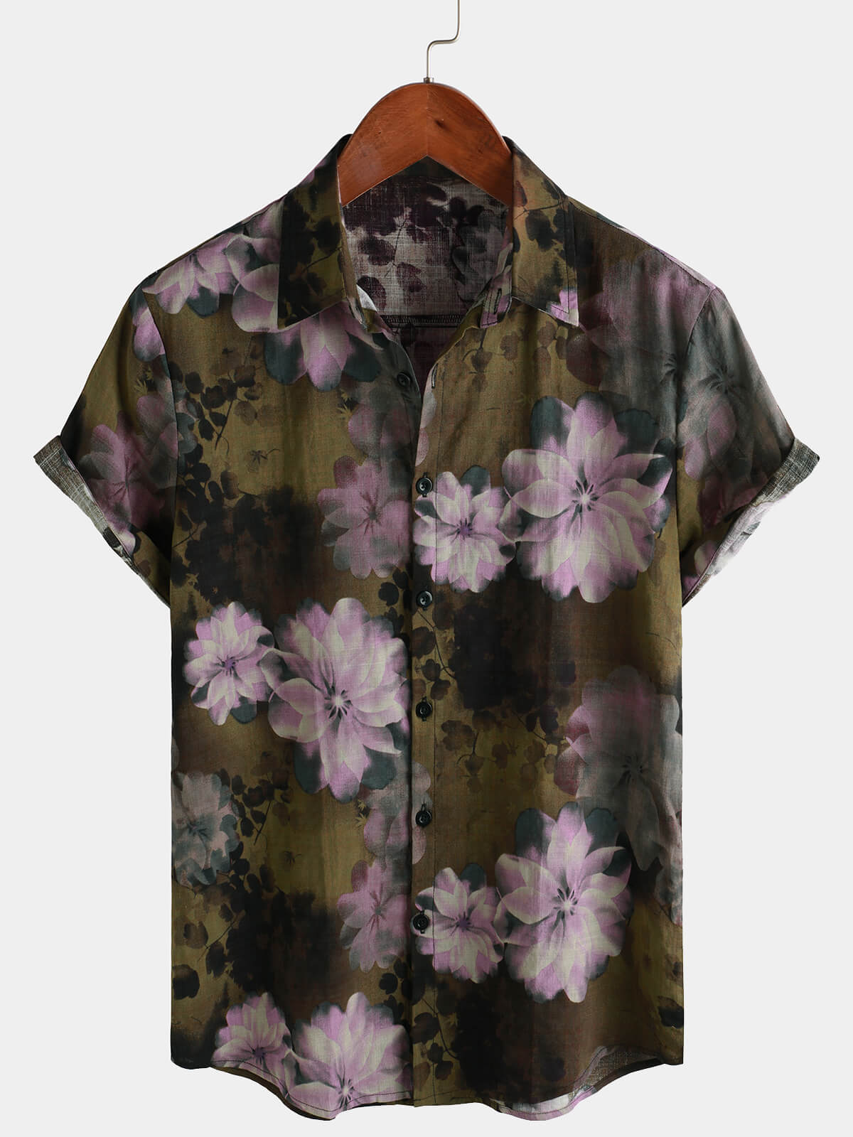 Chemise boutonnée à manches courtes pour homme, motif floral rétro rose
