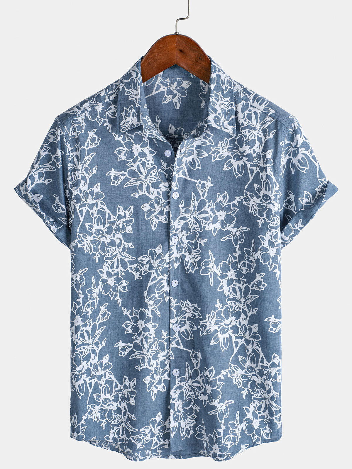 Chemise d'été en coton à manches courtes et imprimé floral hawaïen bleu pour homme