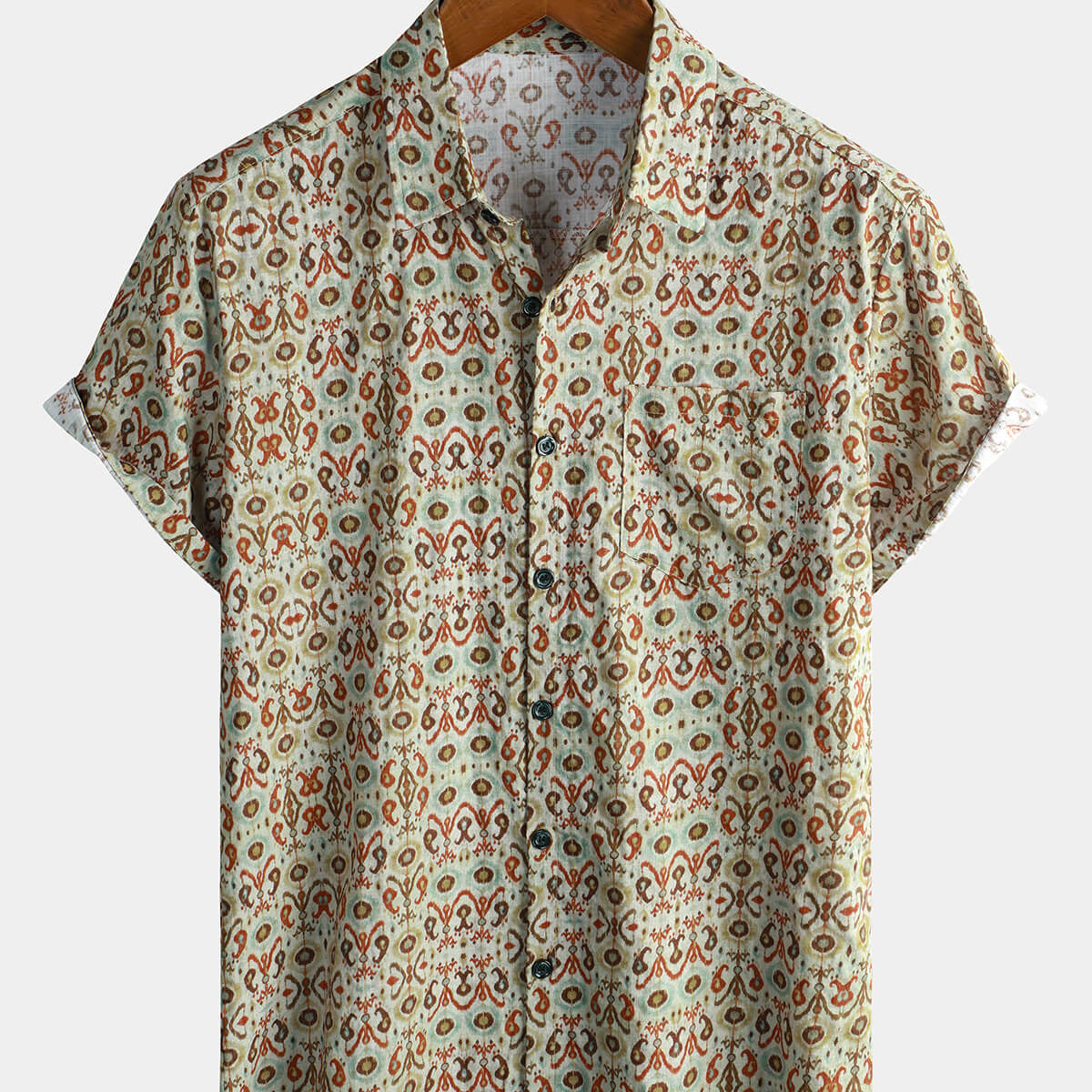Chemise boutonnée bohème à manches courtes en coton vintage pour hommes