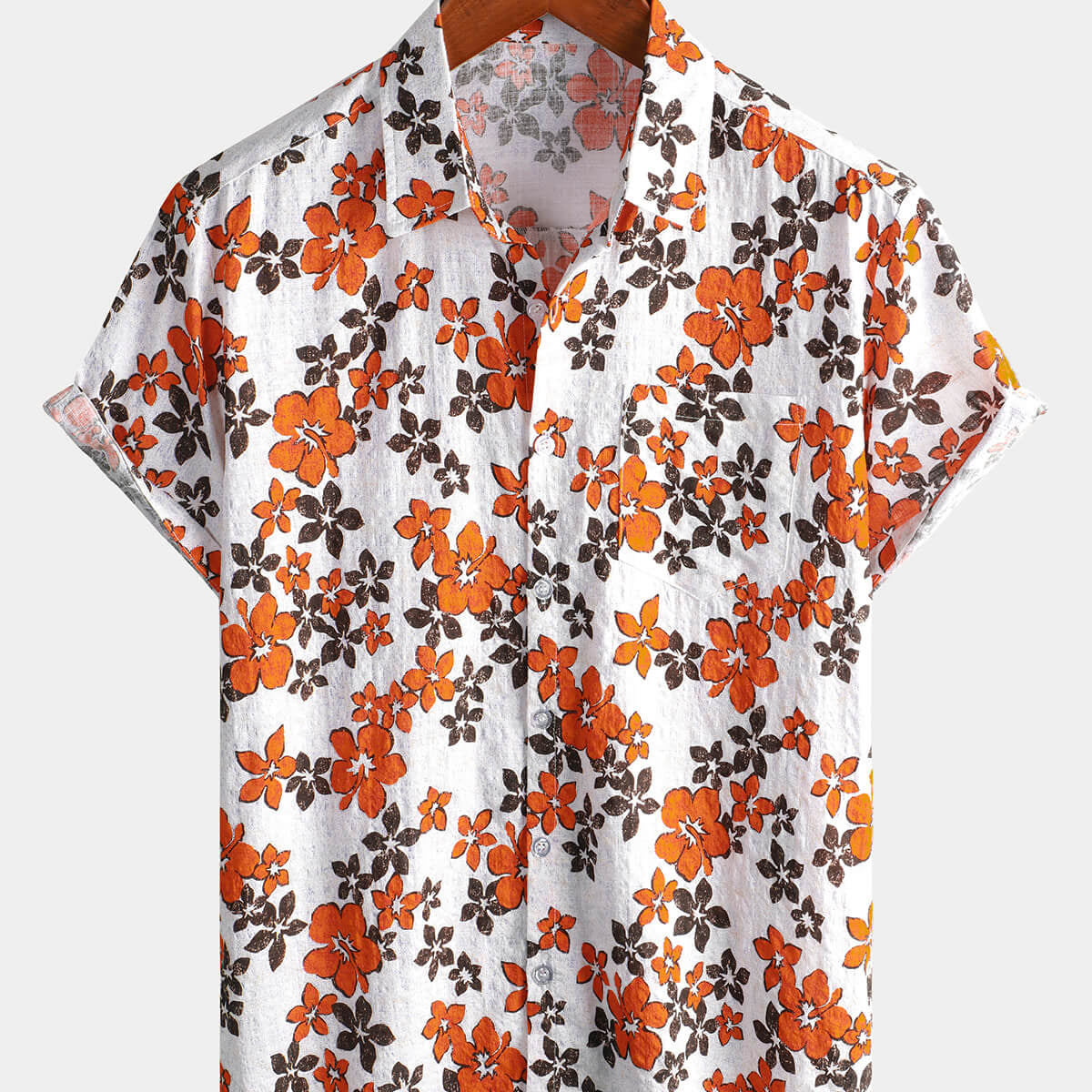 Chemise hawaïenne à manches courtes à fleurs orange pour hommes