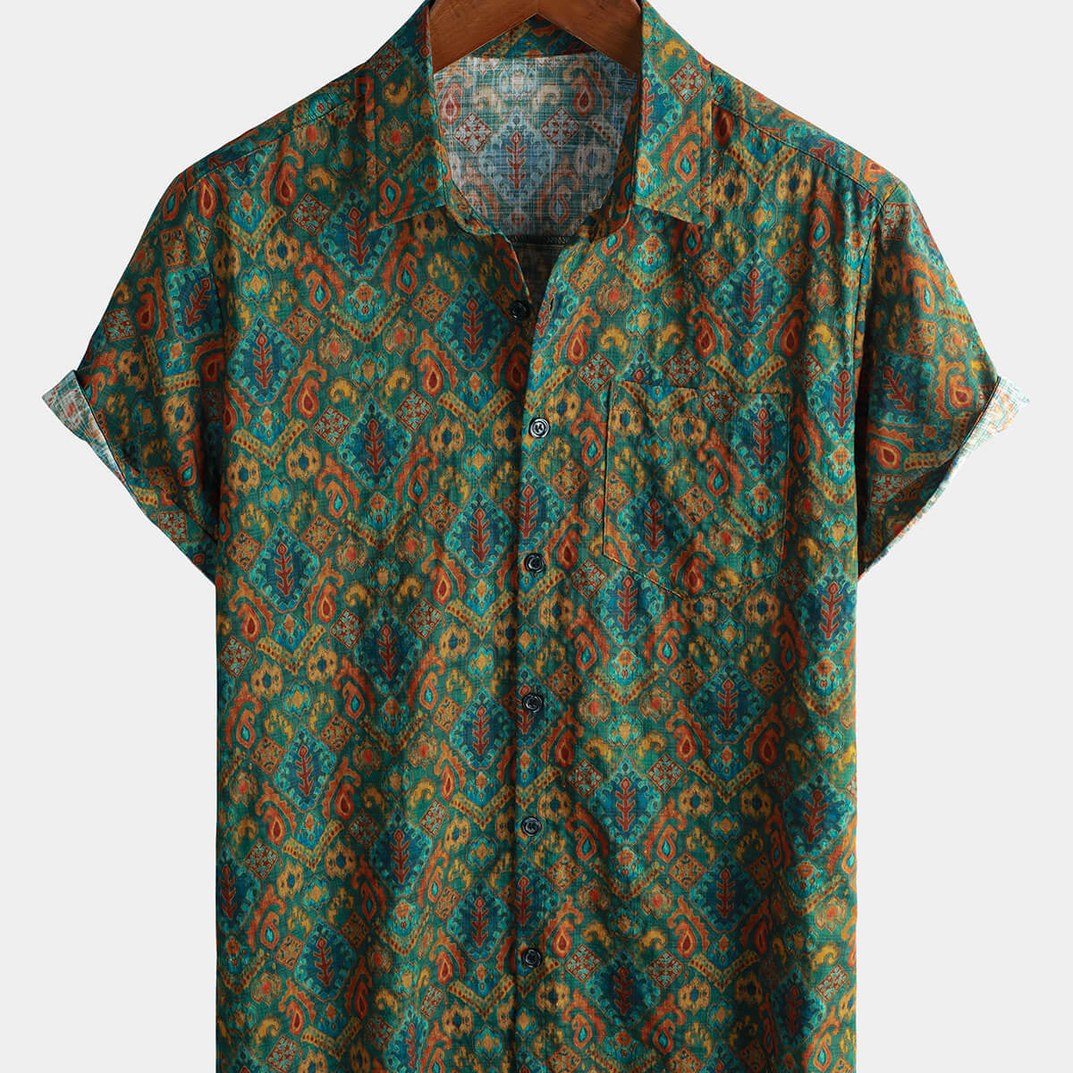 Chemise à manches courtes bohème en coton vintage vert pour hommes
