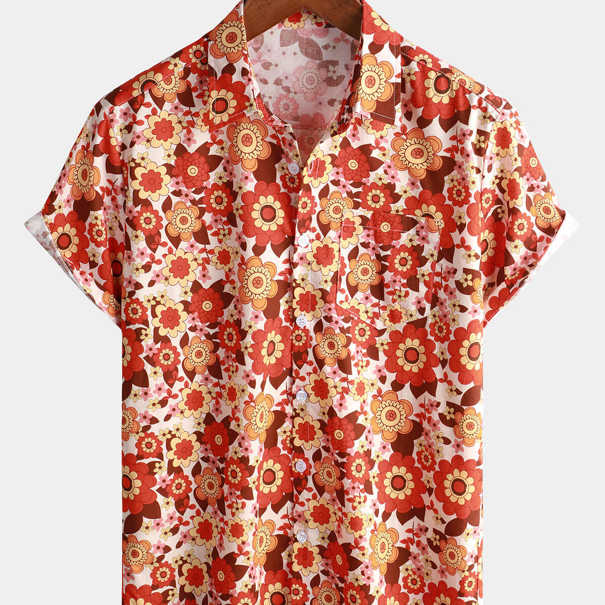 Chemise à manches courtes pour hommes, motif floral orange, vintage, vacances à la plage