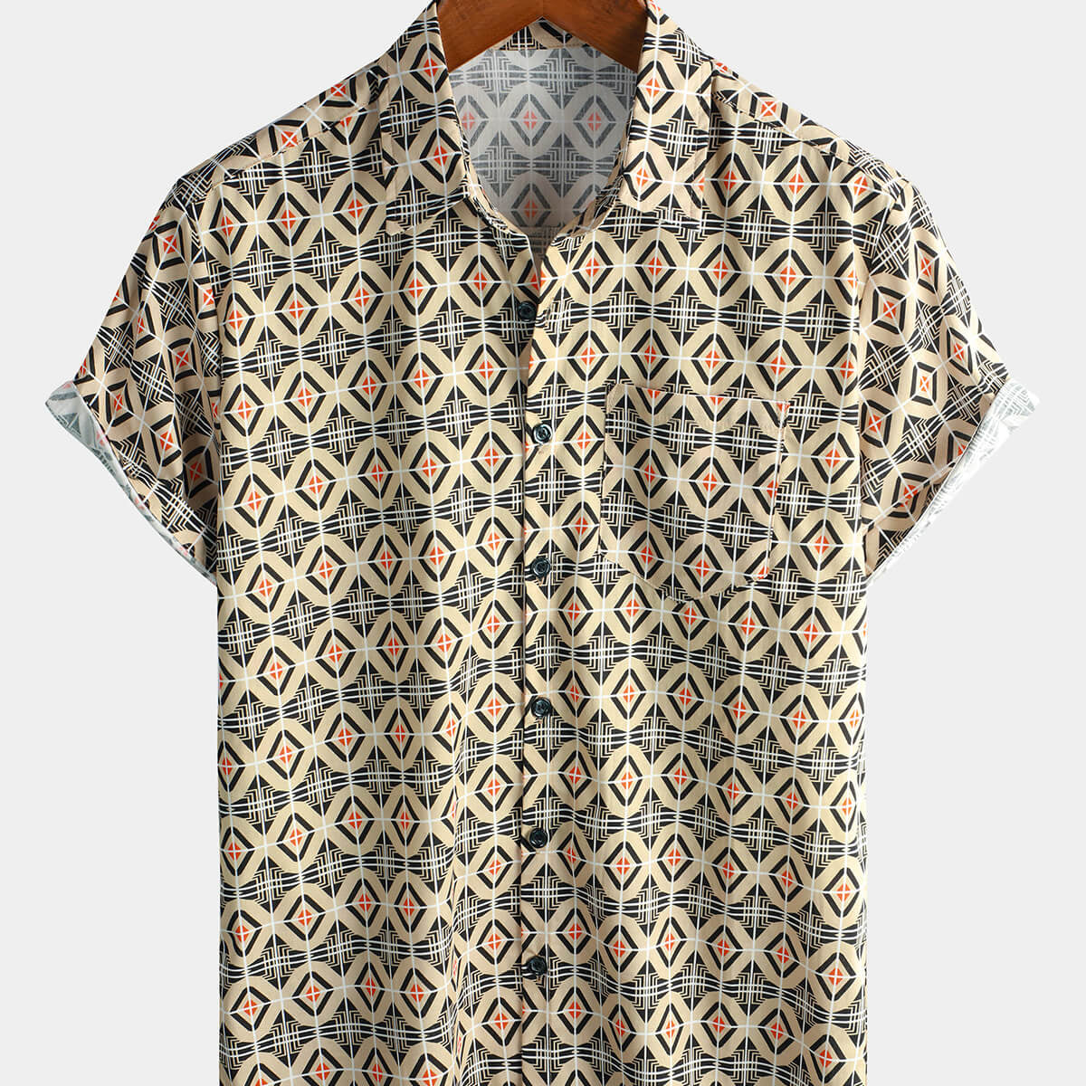 Chemise en coton géométrique décontractée vintage à manches courtes pour hommes