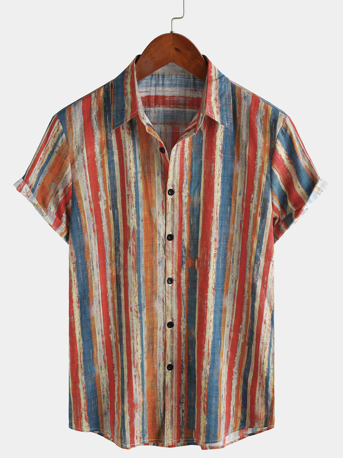 Chemise boutonnée à manches courtes pour homme, décontractée, style rétro, rayée, multicolore, vacances