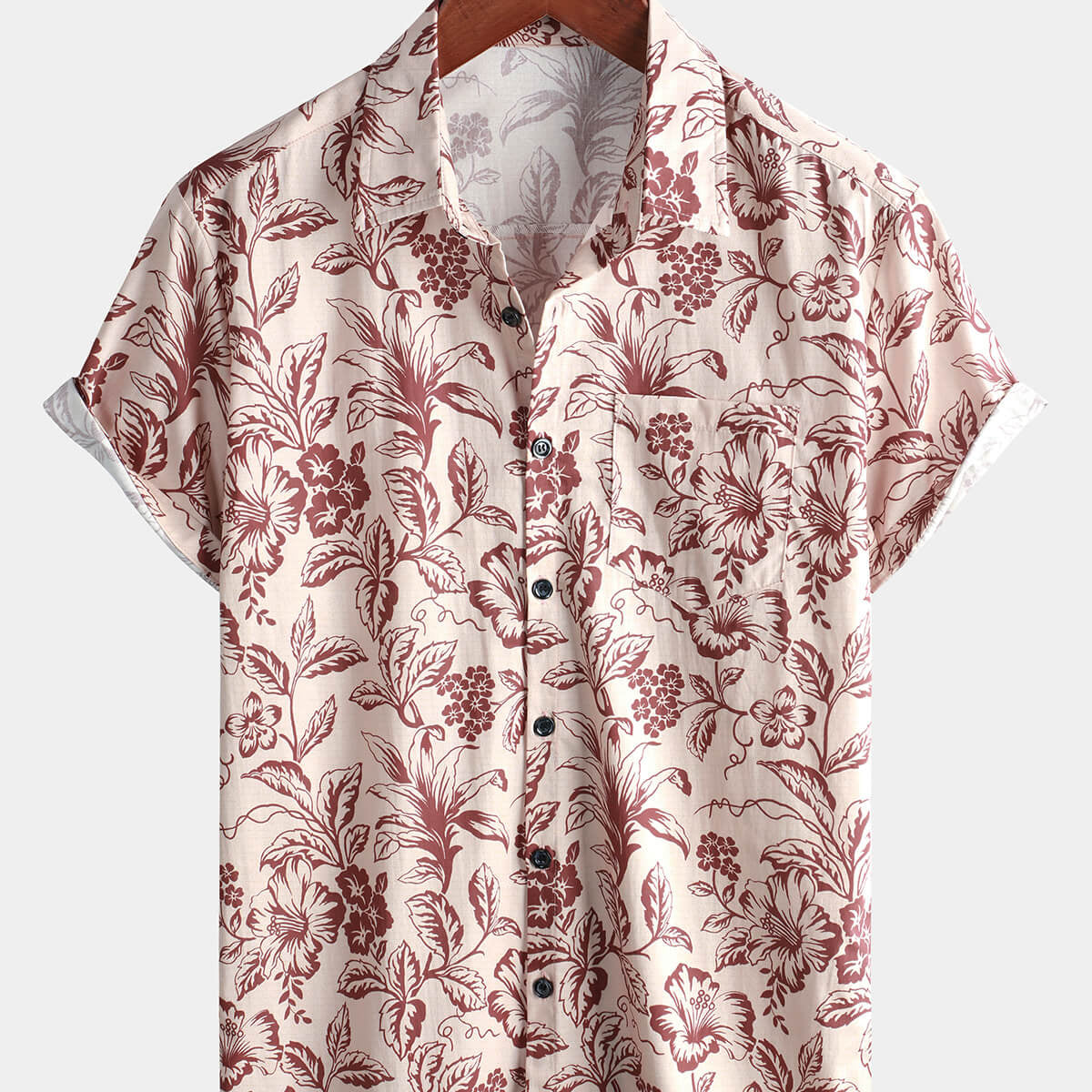 Chemise à manches courtes pour hommes, motif floral rose, vacances hawaïennes