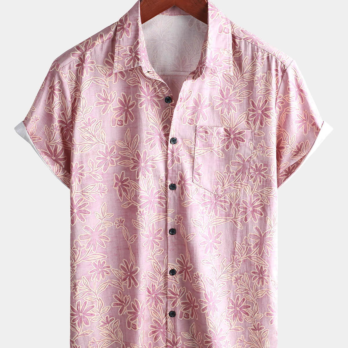 Chemise à manches courtes en coton d'été hawaïen à fleurs roses pour hommes