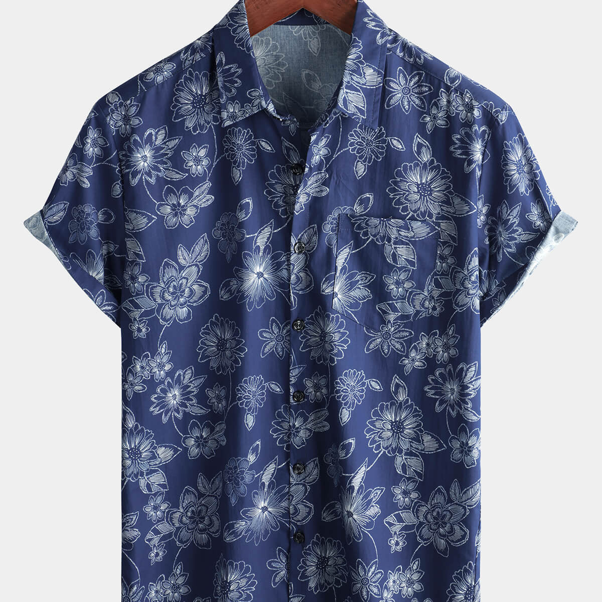 Chemise à manches courtes en coton à fleurs hawaïennes bleu marine pour hommes